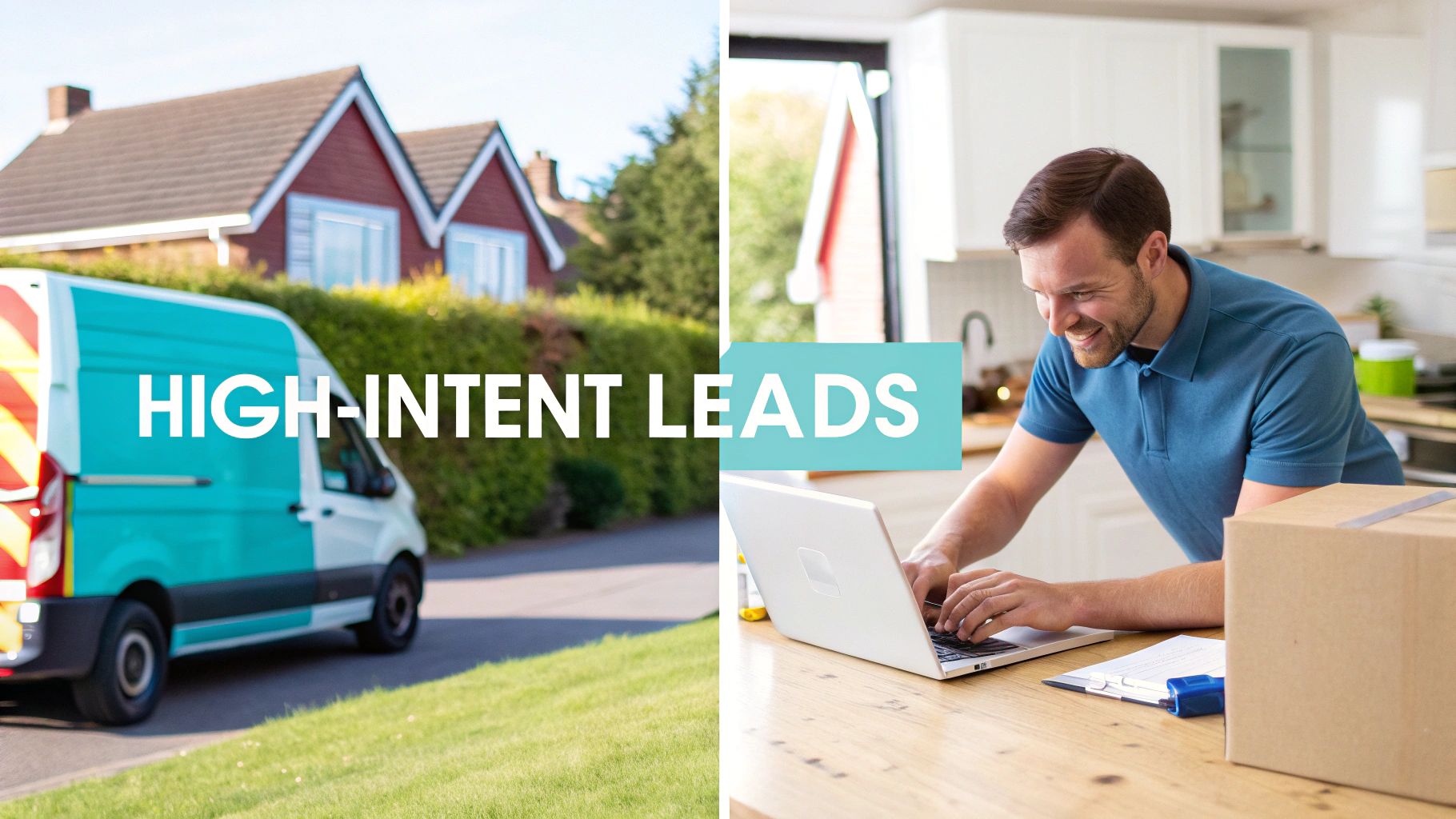 A delivery van in a residential area and a man happily using a laptop, illustrating high-intent leads.