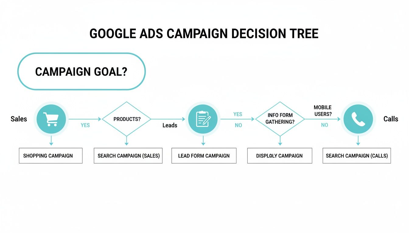 A Google Ads campaign decision tree showing paths for sales, leads, and calls.