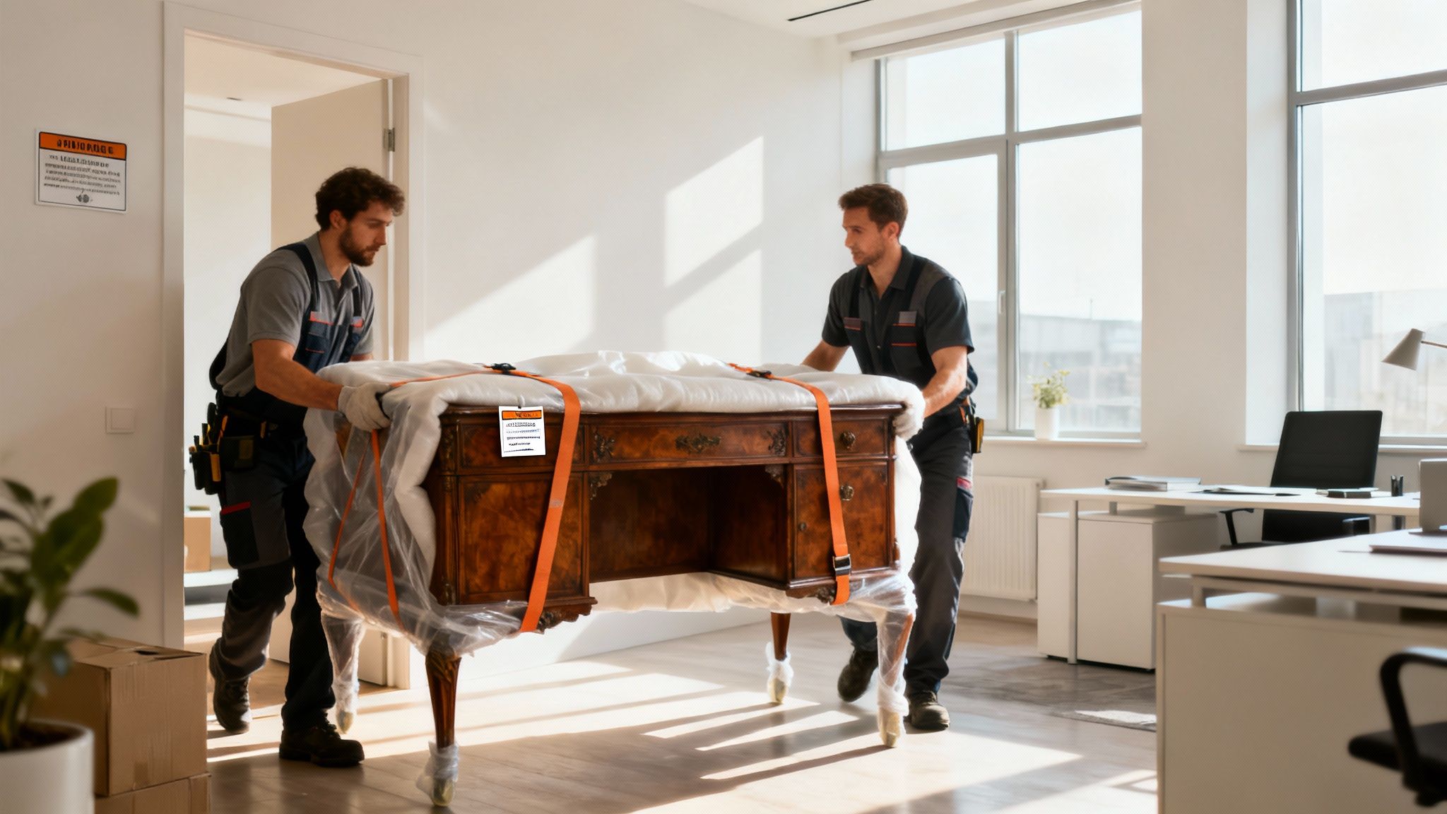 Two professional movers carefully transport a wrapped antique wooden desk into a bright, modern office space.