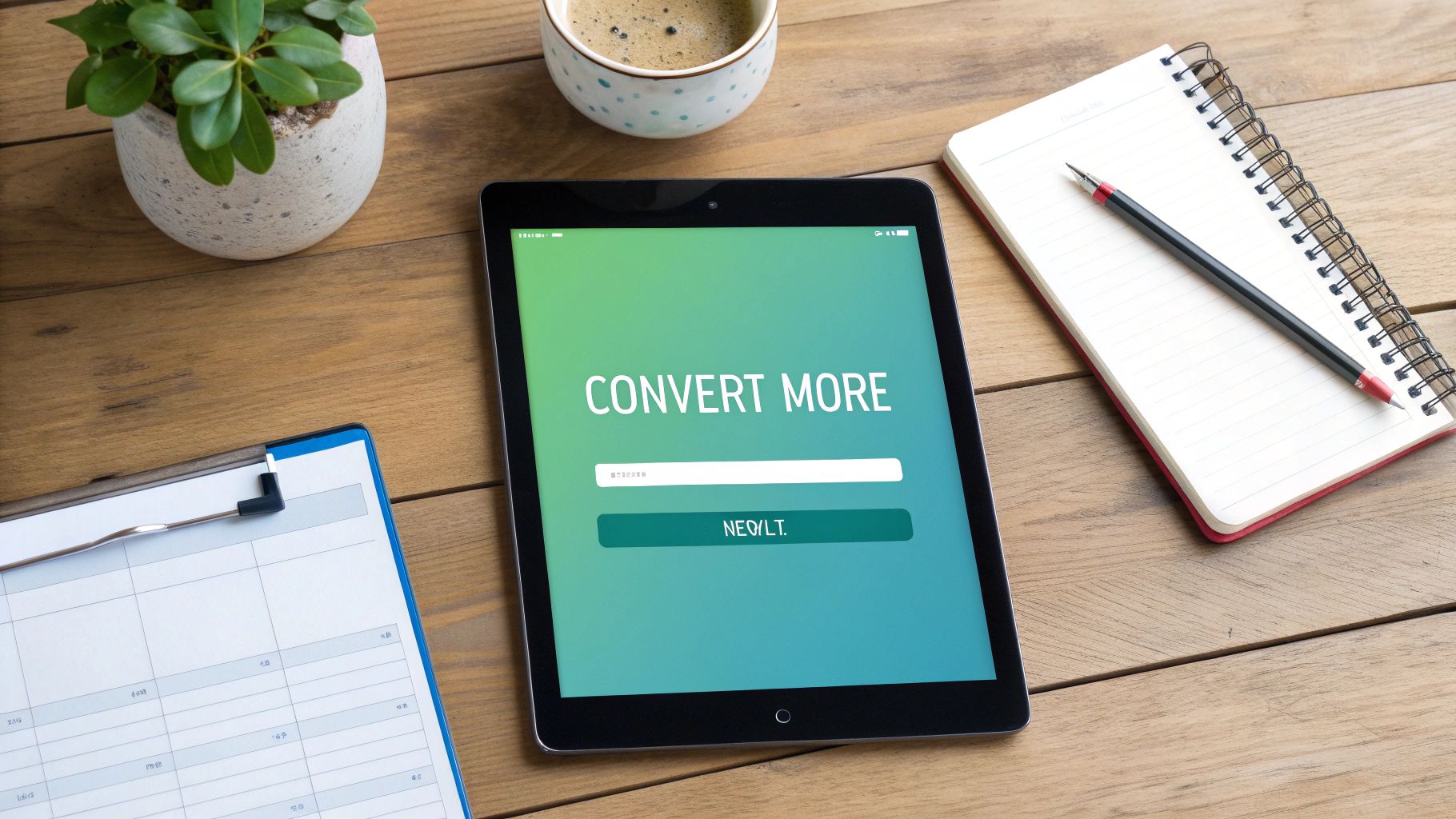 A tablet displaying 'CONVERT MORE' on a gradient screen, alongside coffee, plant, notebook, and clipboard on a wooden desk.