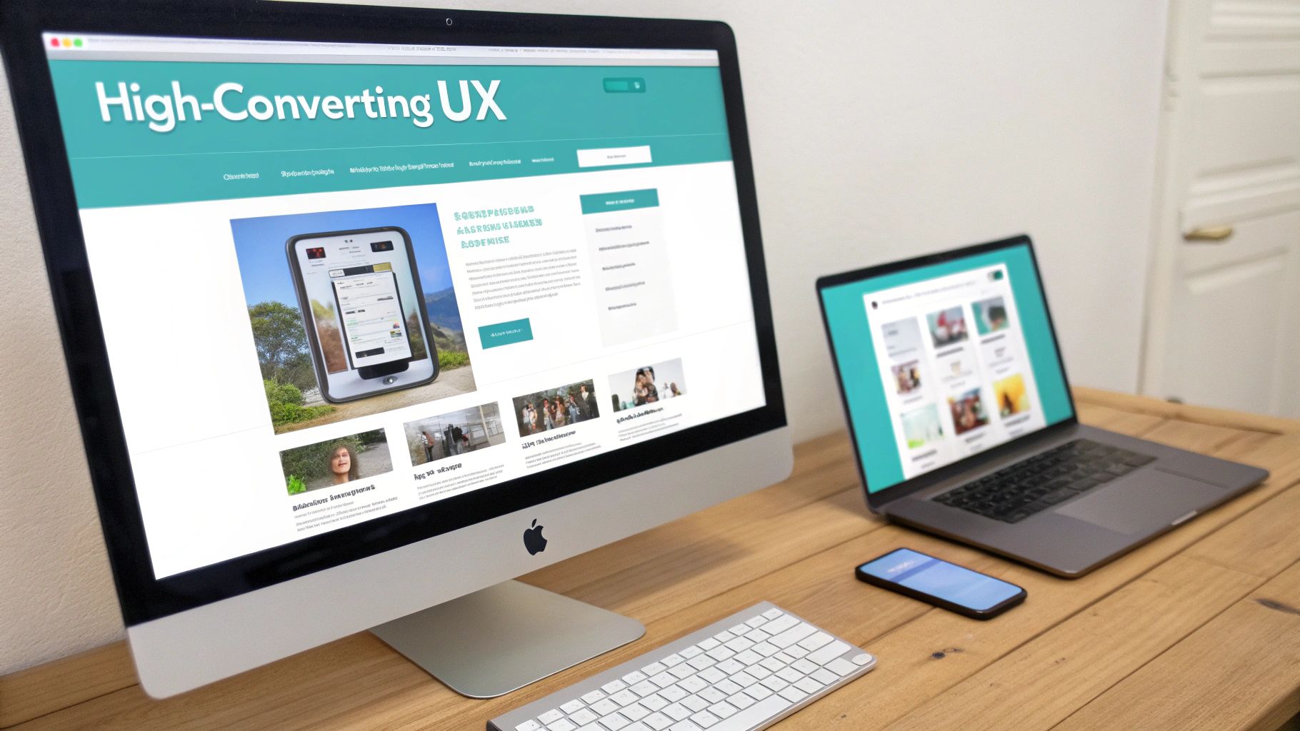 A modern workspace showing an iMac, laptop, and smartphone on a wooden desk, displaying website interfaces.