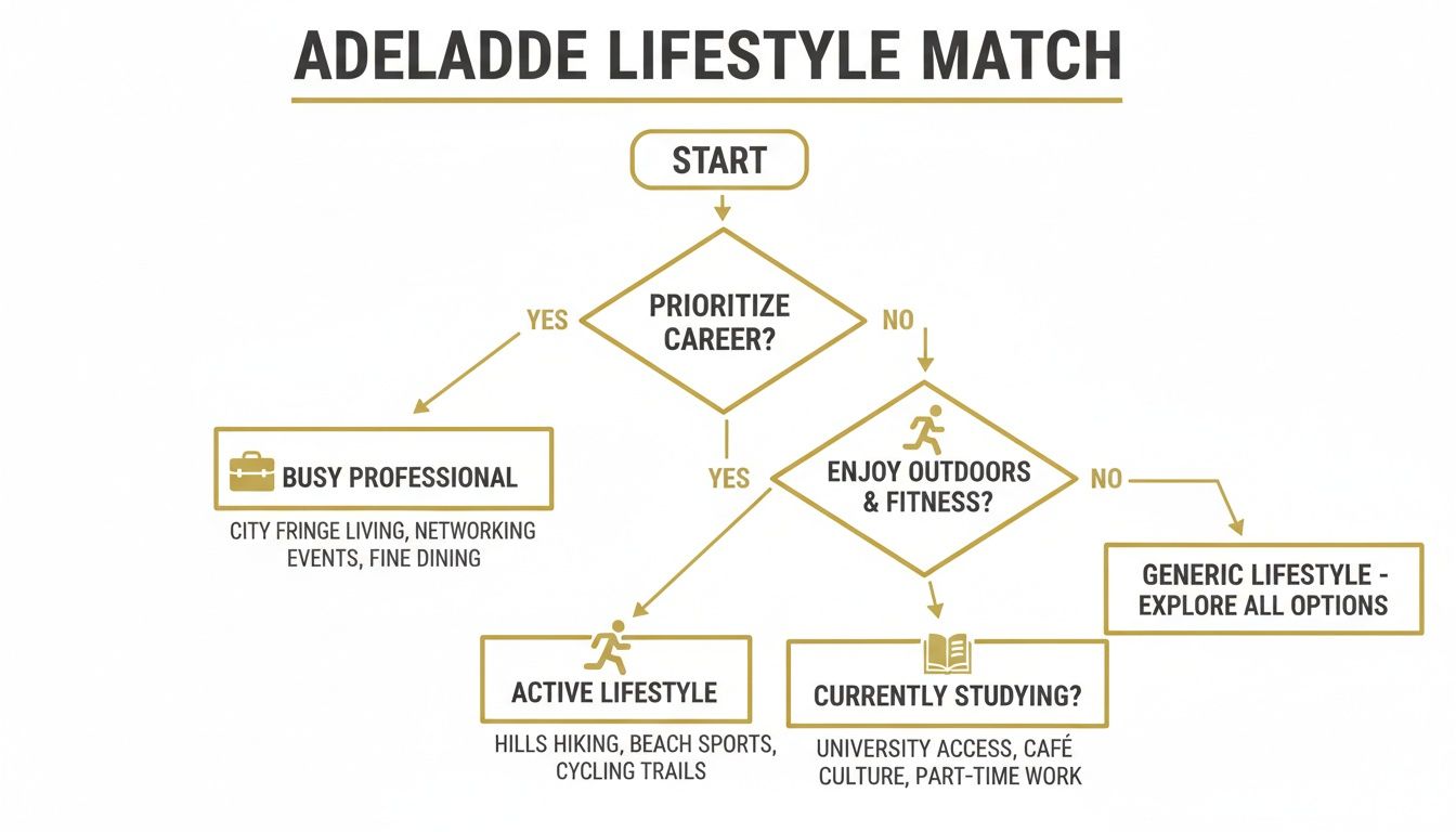 Flowchart titled 'Adelaide Lifestyle Match' guiding users based on career, fitness, and study priorities.