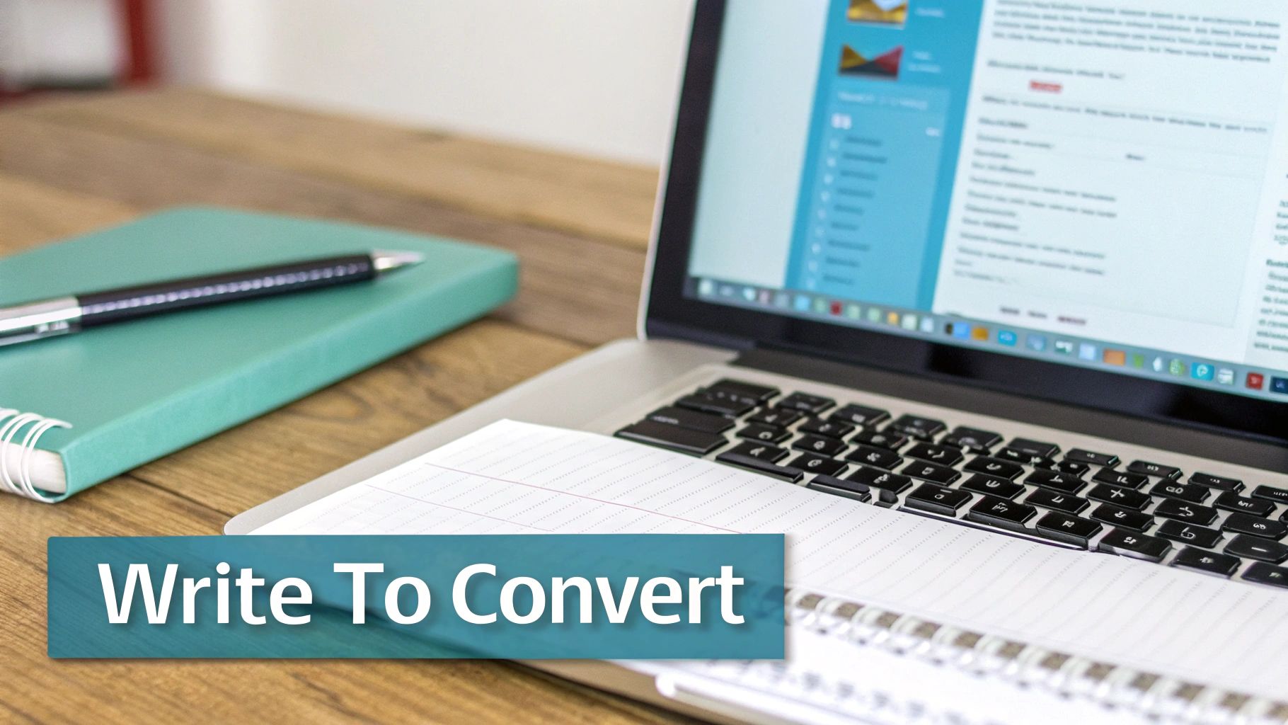 A desk setup featuring a laptop, notebook, and pen on wood, with a 'Write To Convert' banner overlay.