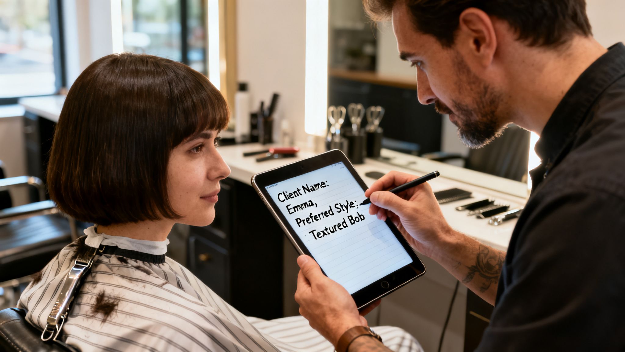 A hairstylist discusses hair preferences with a client in a salon, writing notes on a tablet.