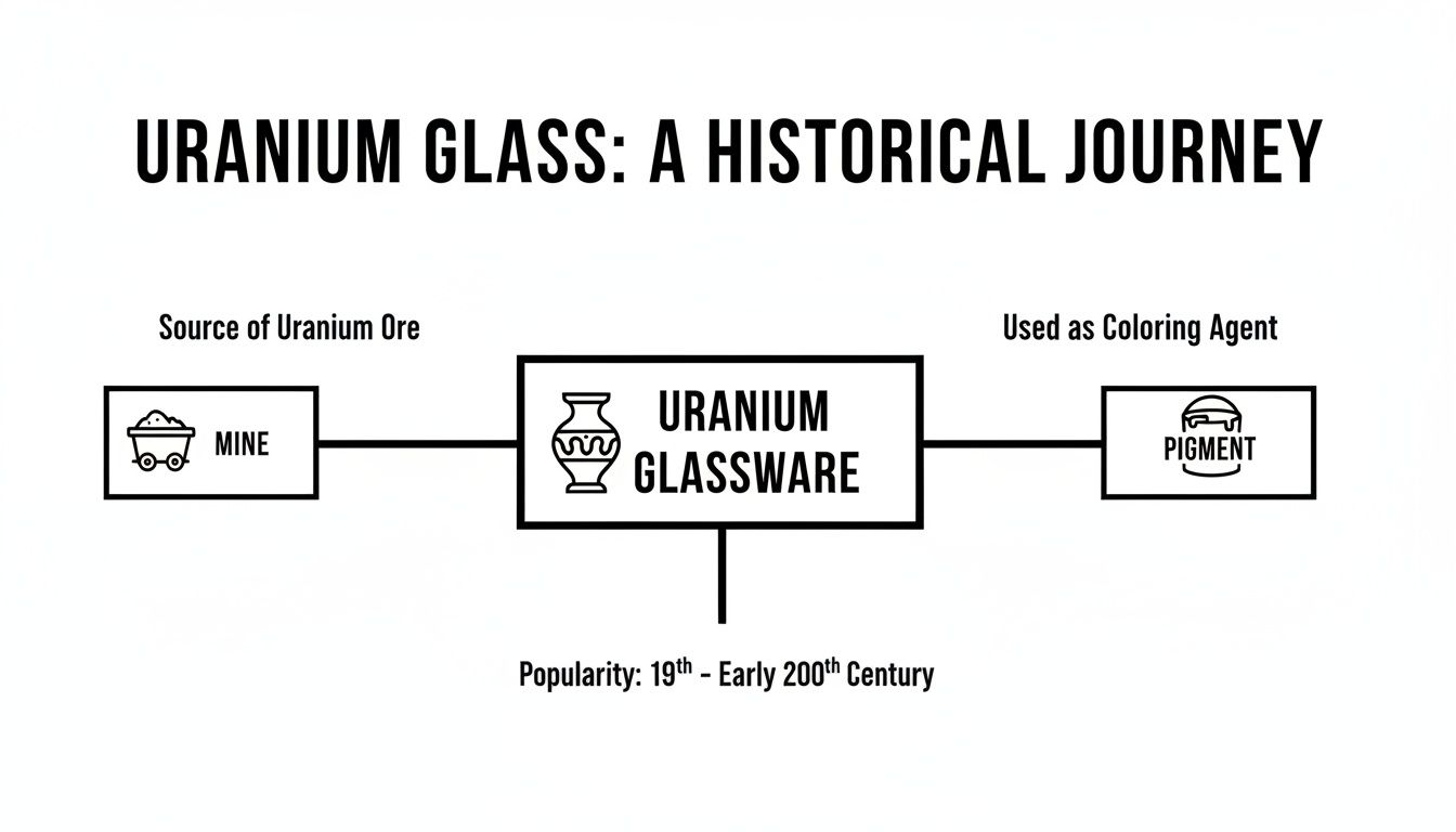 Flowchart detailing uranium glass's historical journey: mined ore to glassware and pigment, popular 19th-early 20th century.