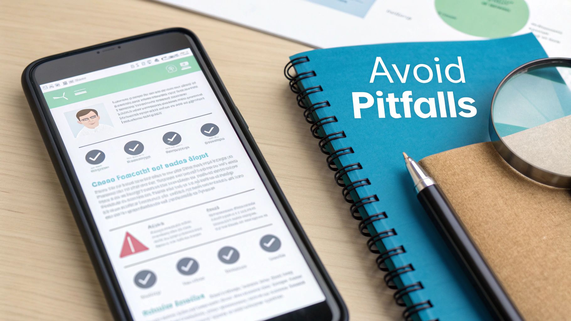 A smartphone displaying a responsive website design next to a notebook with "Avoid Pitfalls", a pen, and a magnifying glass.