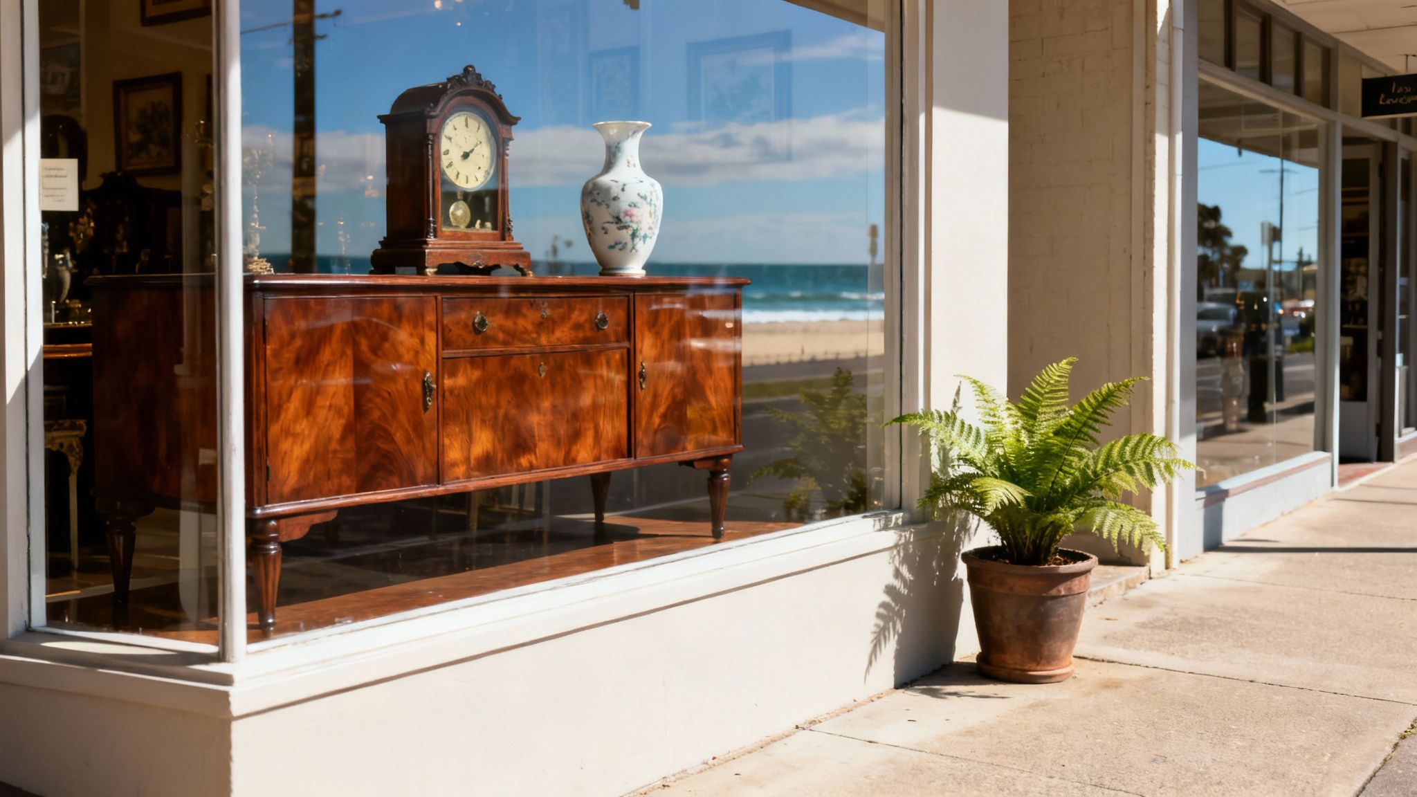 Antique wooden cabinet with clock and vase displayed in Cavalier Antiques and Restorations storefront in Adelaide, showcasing local antique craftsmanship.
