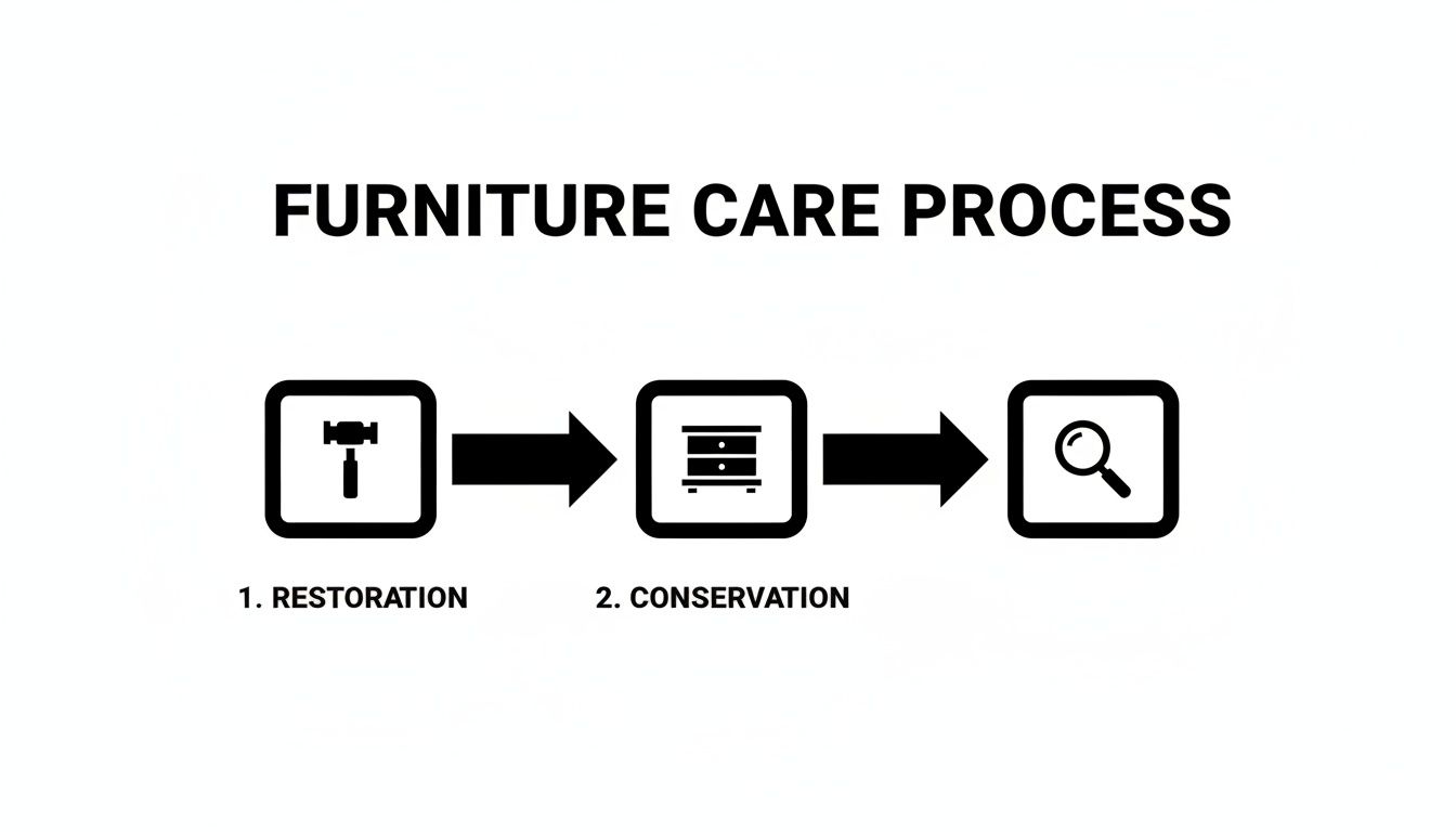 Furniture care process flowchart illustrating the steps of restoration and conservation for antique furniture.