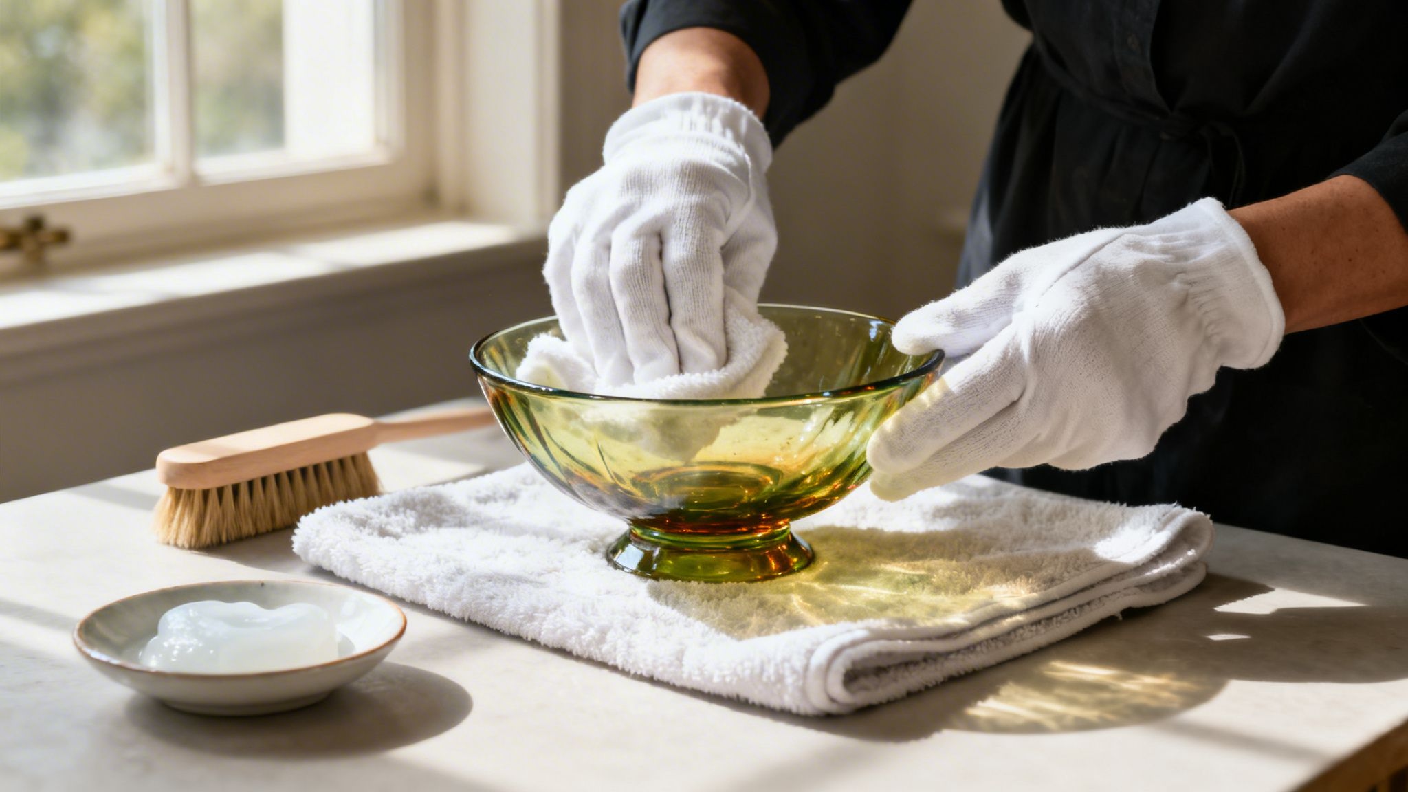Gloved hands carefully clean a green glass bowl with a white cloth on a sunlit table.