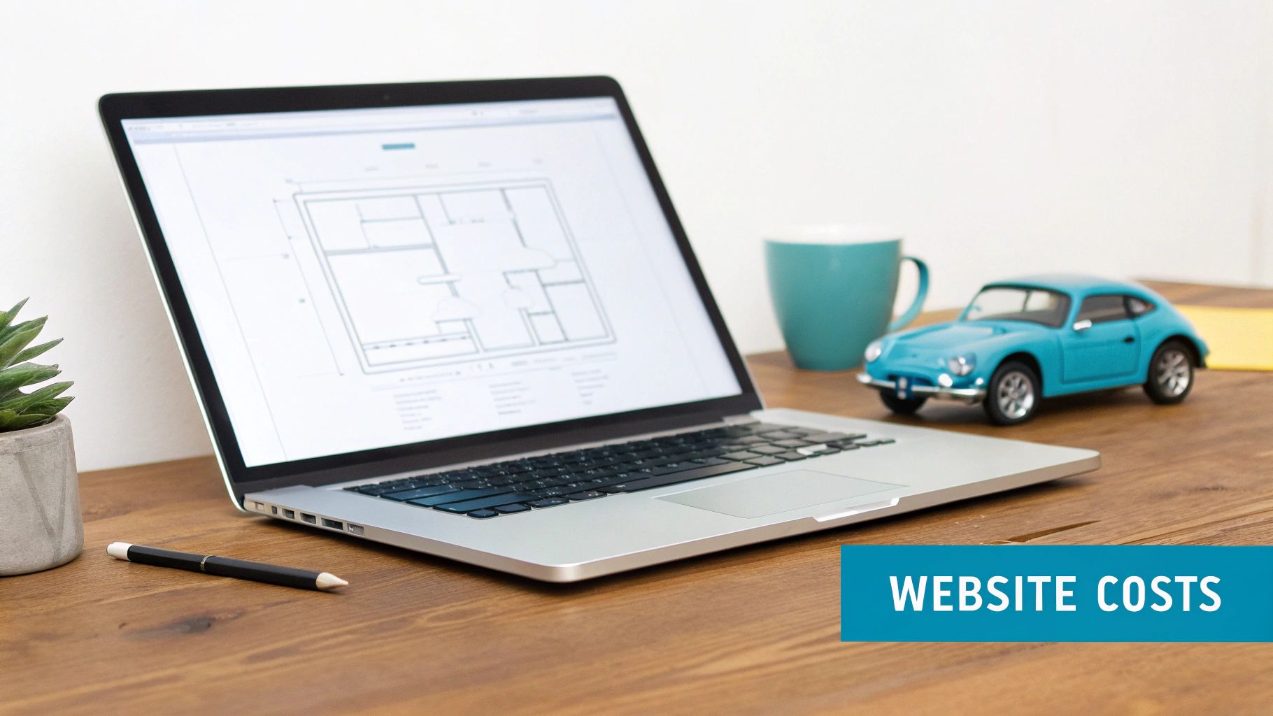 Laptop displaying a floor plan on a wooden desk with a succulent, pen, blue mug, and toy car, featuring a 'WEBSITE COSTS' banner.