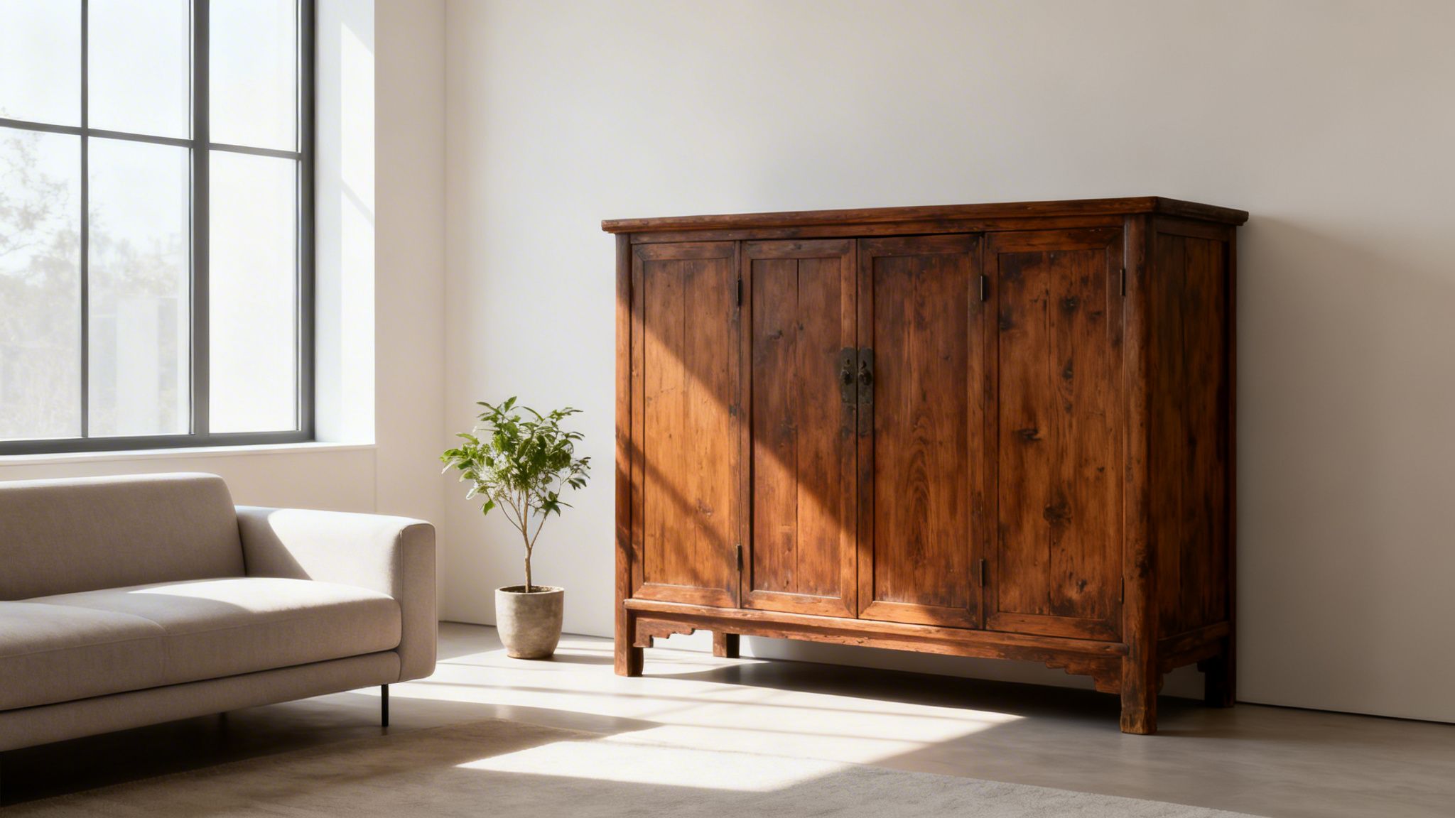 A bright living room with an antique wooden cabinet, a beige sofa, and a potted plant bathed in natural light.