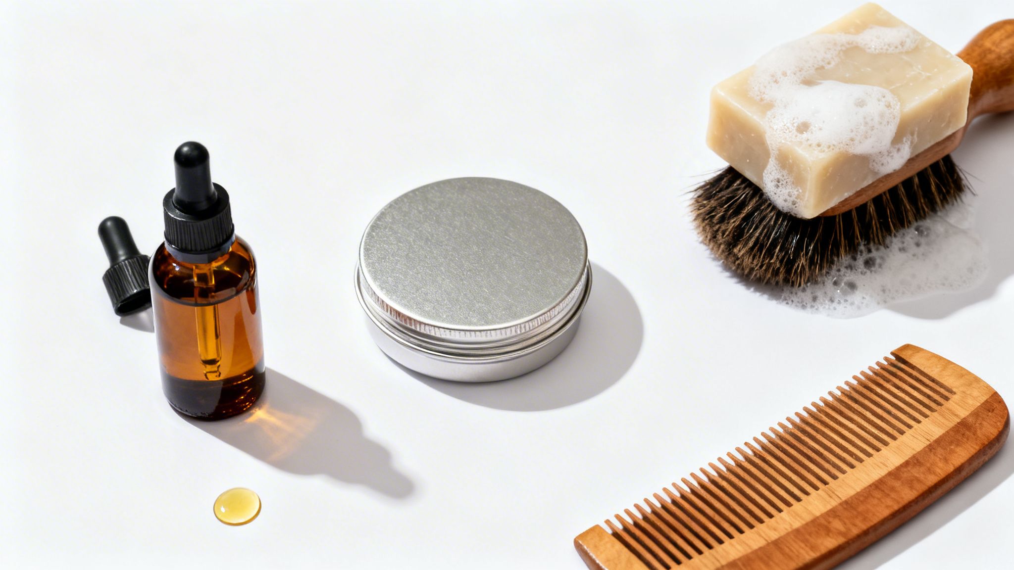 Grooming essentials including beard oil, balm, brush with soap, and a wooden comb.