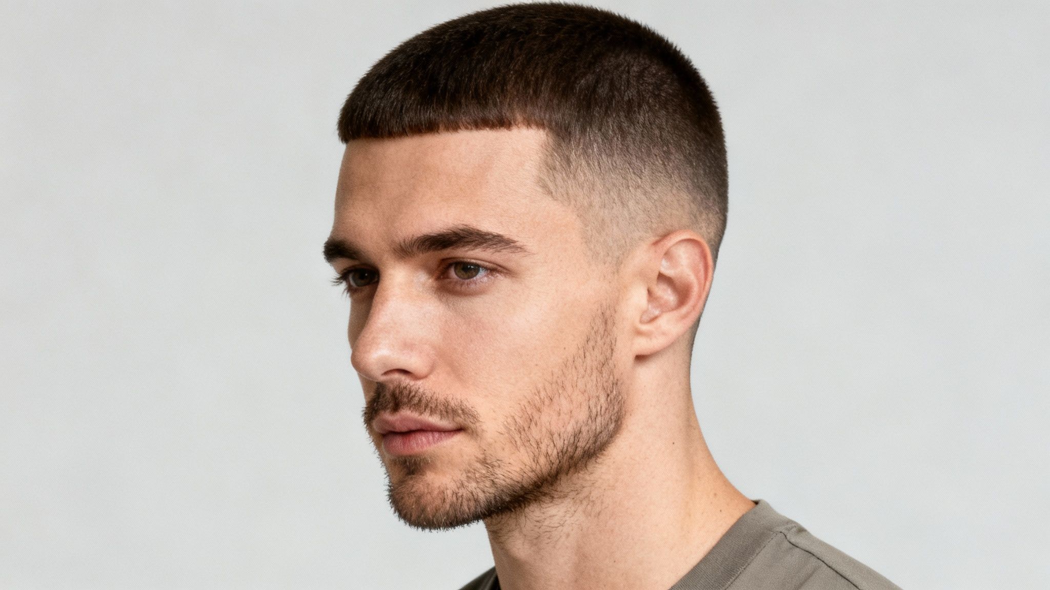 Side profile of a young man with a short, neat Caesar haircut and light stubble.