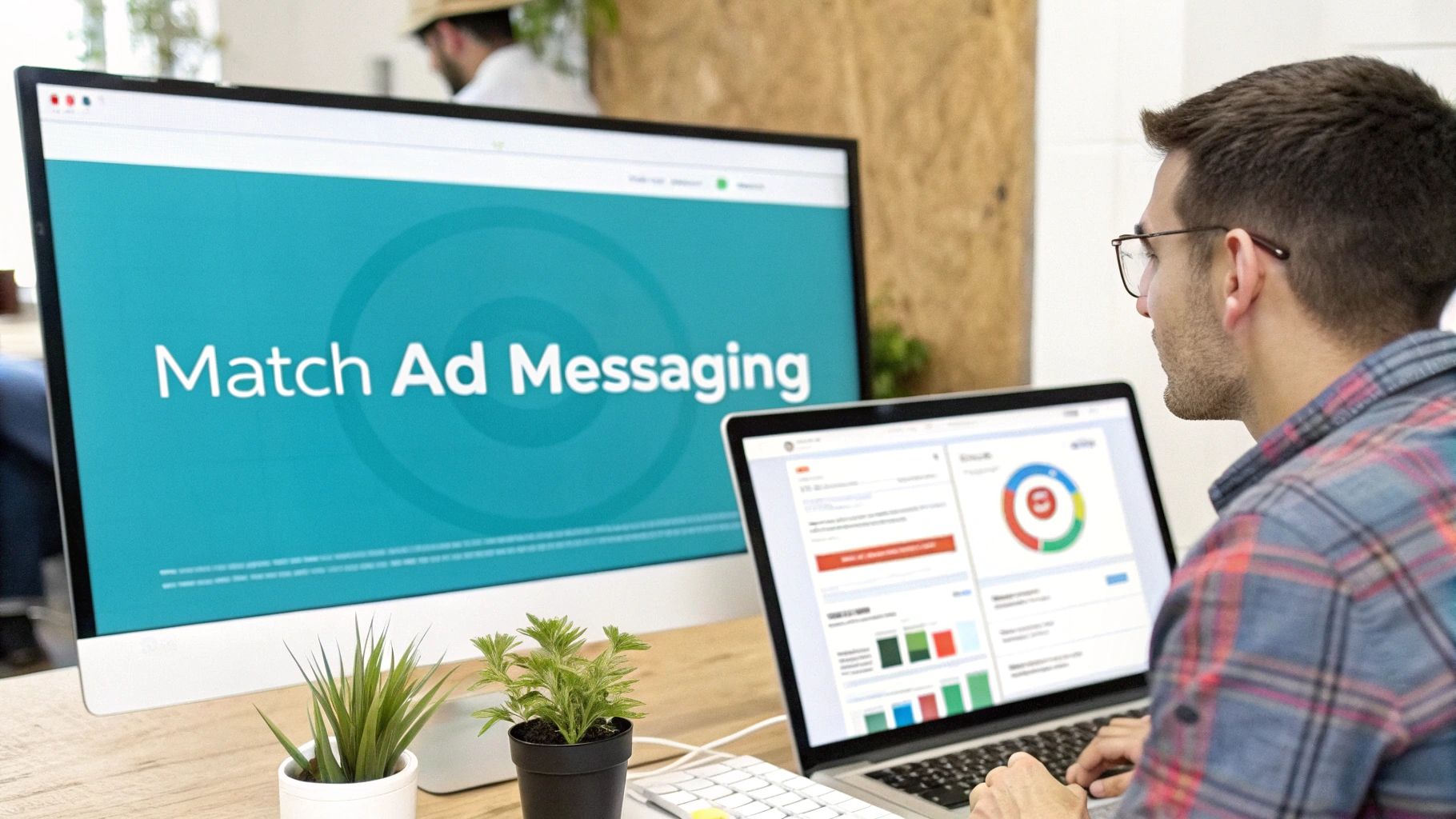 A man analyzing digital ad performance on a laptop and monitor displaying 'Match Ad Messaging'.