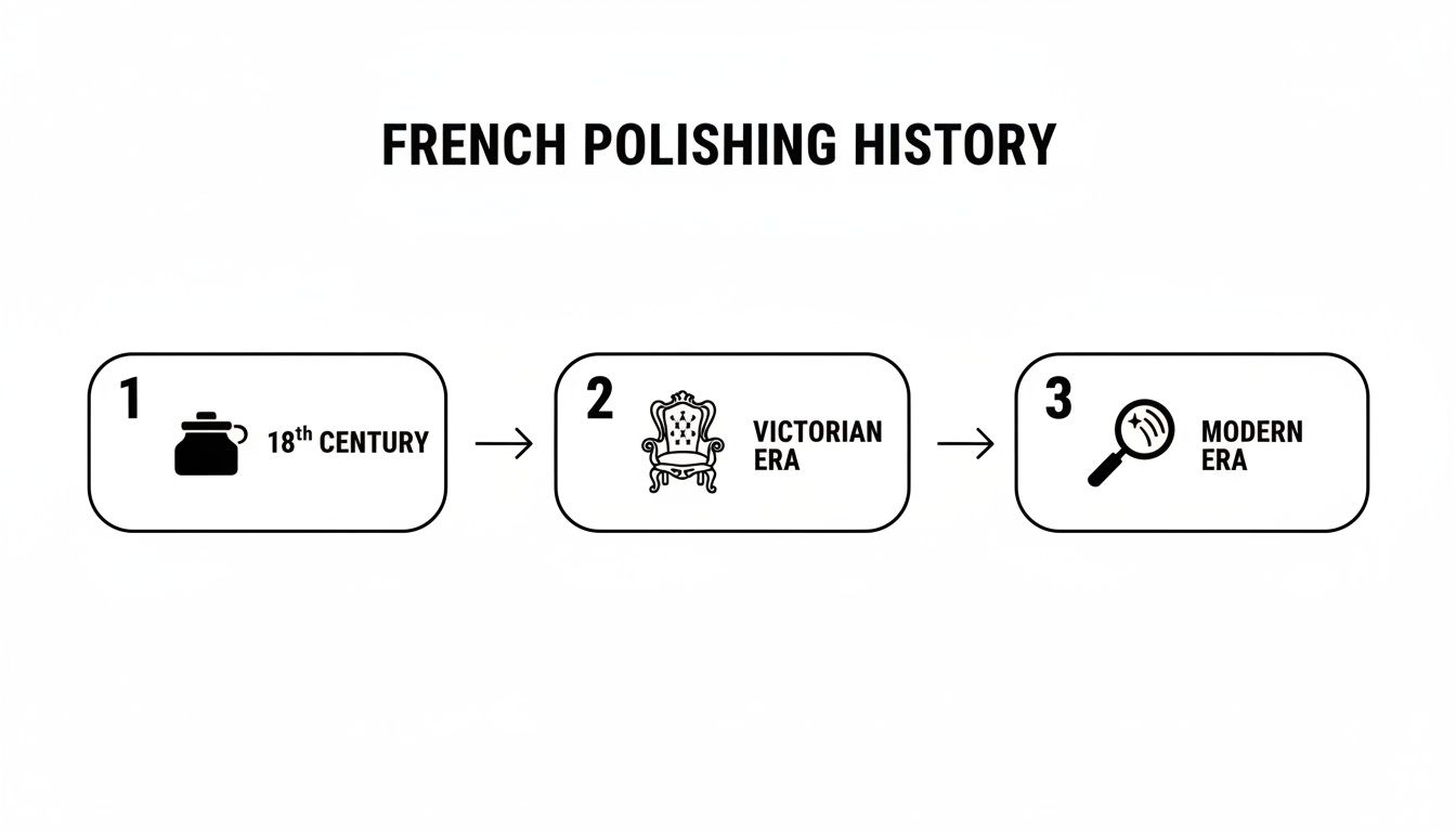A timeline illustrating French polishing history with key eras: 18th century, Victorian era, and modern era.