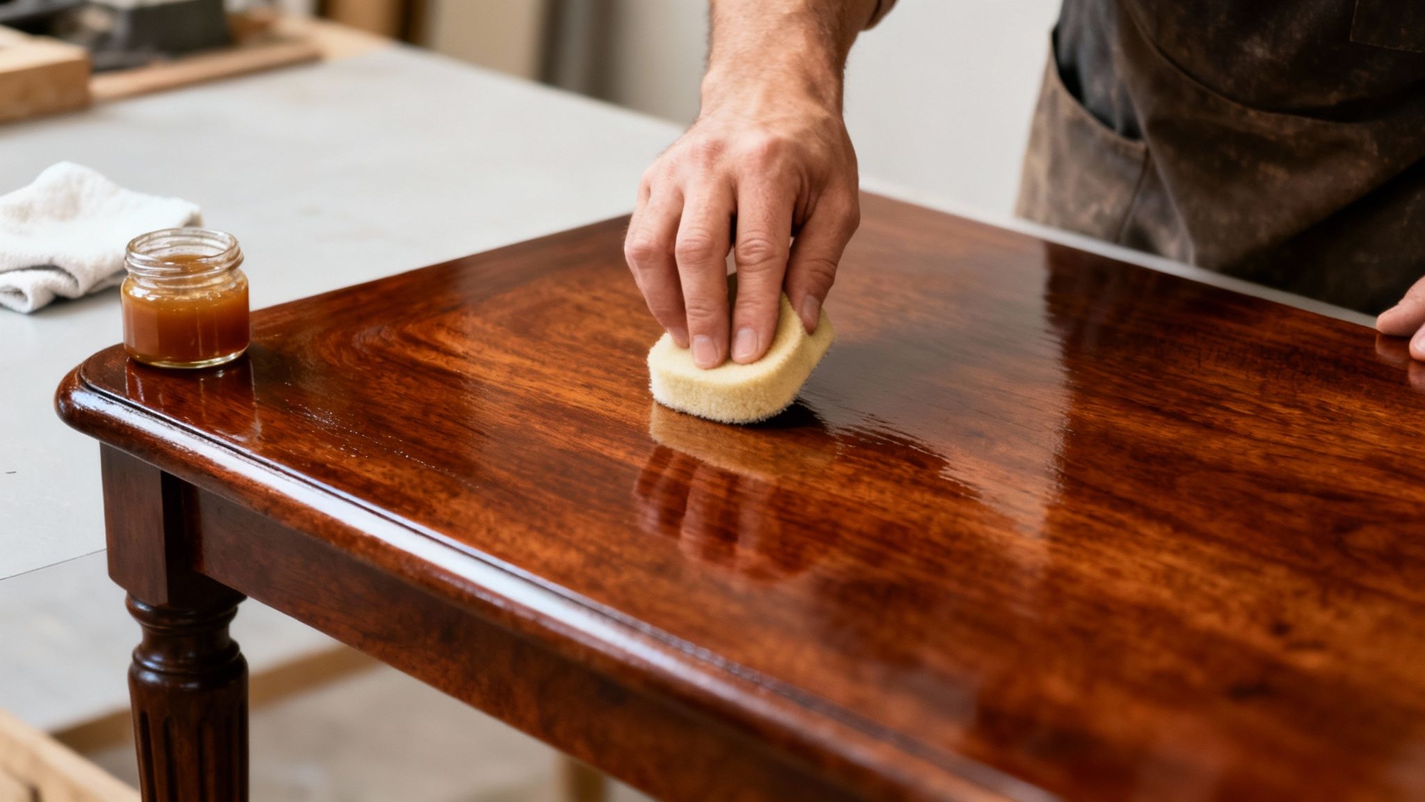 Restorer applies wood finish to a polished antique table with a sponge and wax jar.