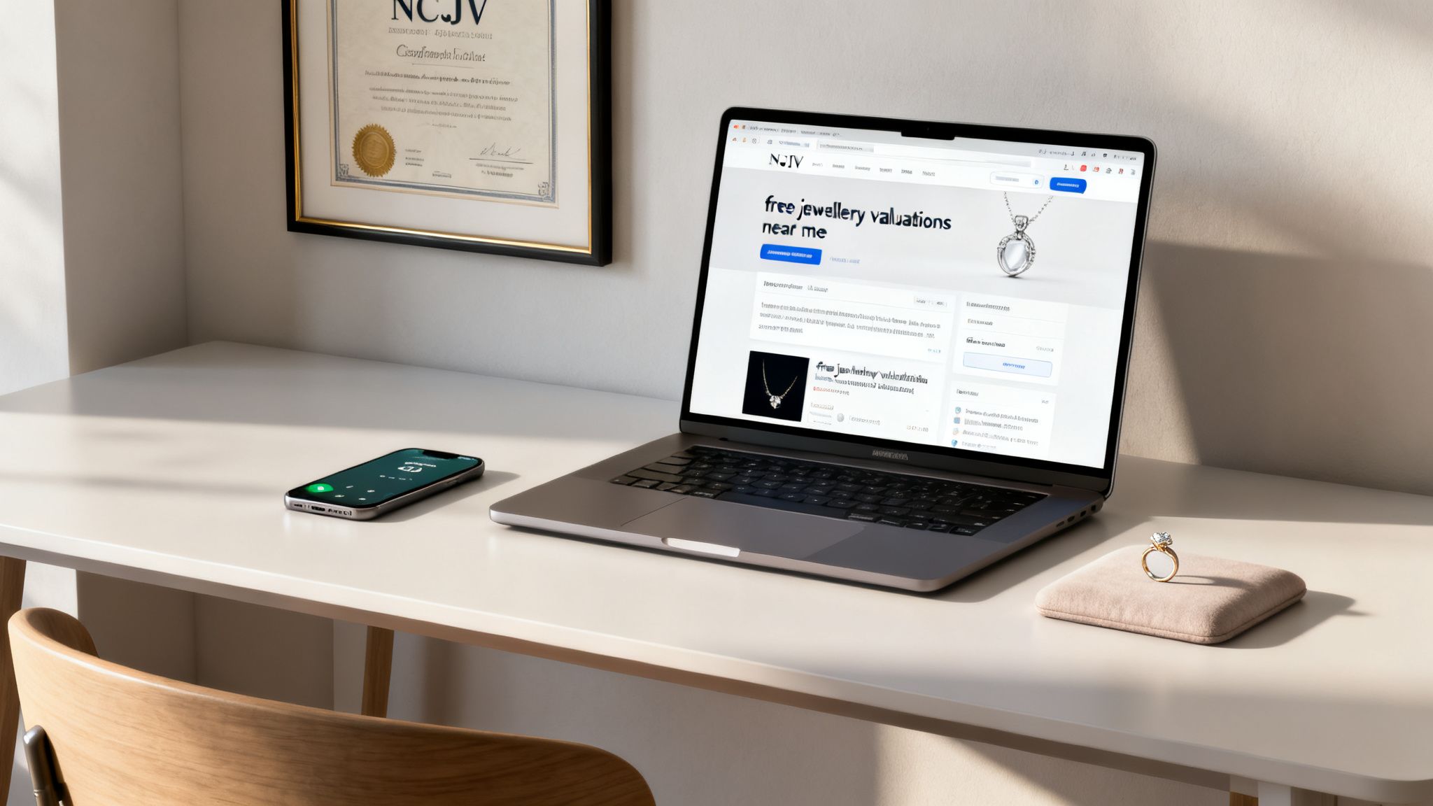 A modern desk setup with a laptop showing a jewellery valuation website, a phone, and a diamond ring.
