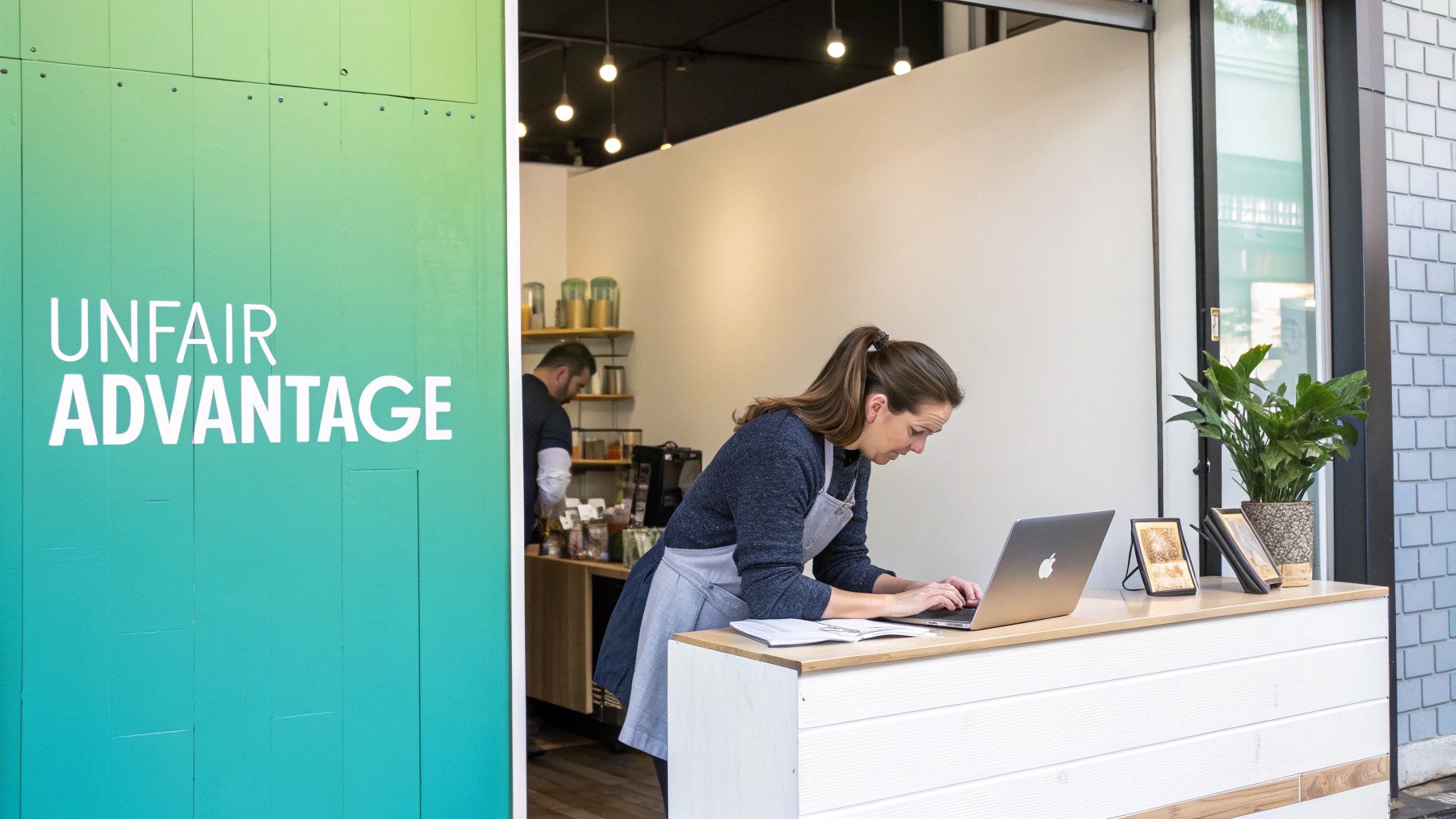 A woman in an apron types on a laptop at a counter in a modern cafe, with 'UNFAIR ADVANTAGE' on a green wall.