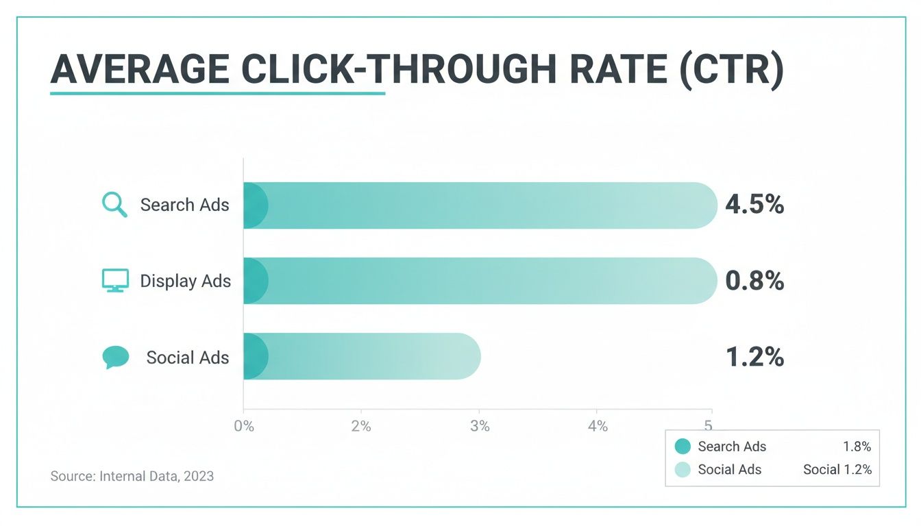 Bar chart illustrating average click-through rates (CTR) for search, display, and social ads.