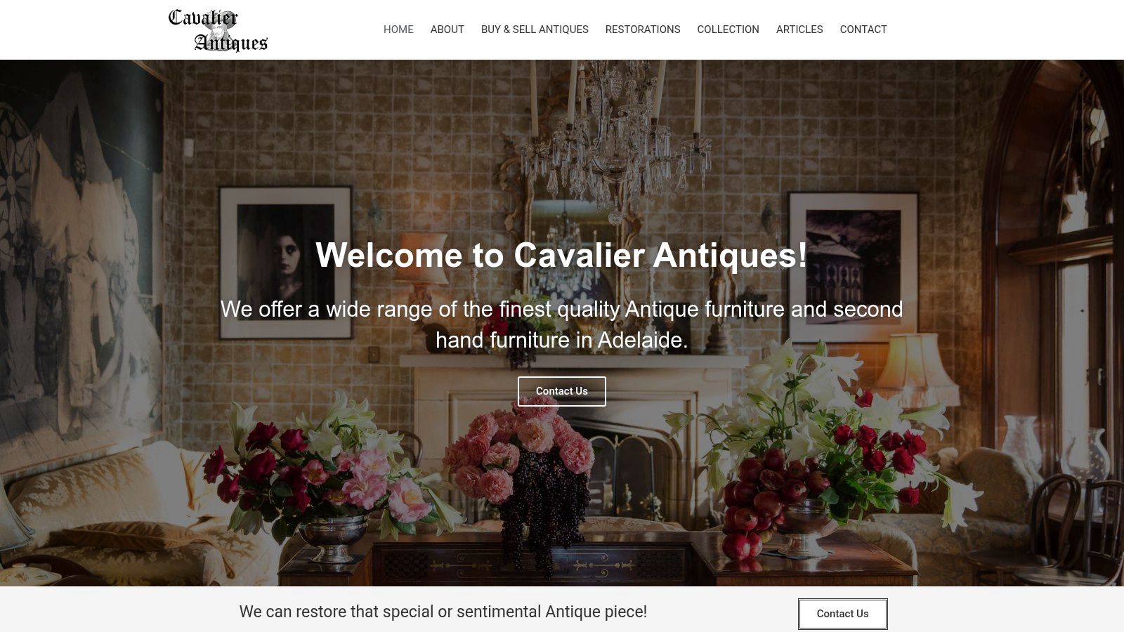 A curated showroom at Cavalier Antiques and Restorations featuring various antique furniture pieces.