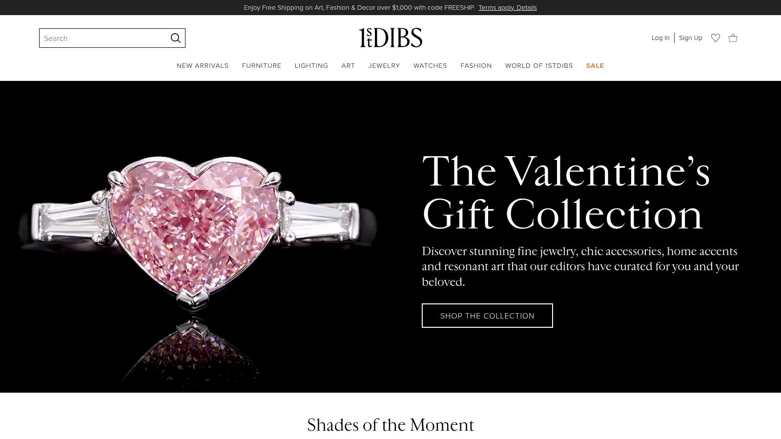 A collection of high-end antique coloured glass items, including a pink diamond-patterned decanter, displayed on the 1stDibs website.
