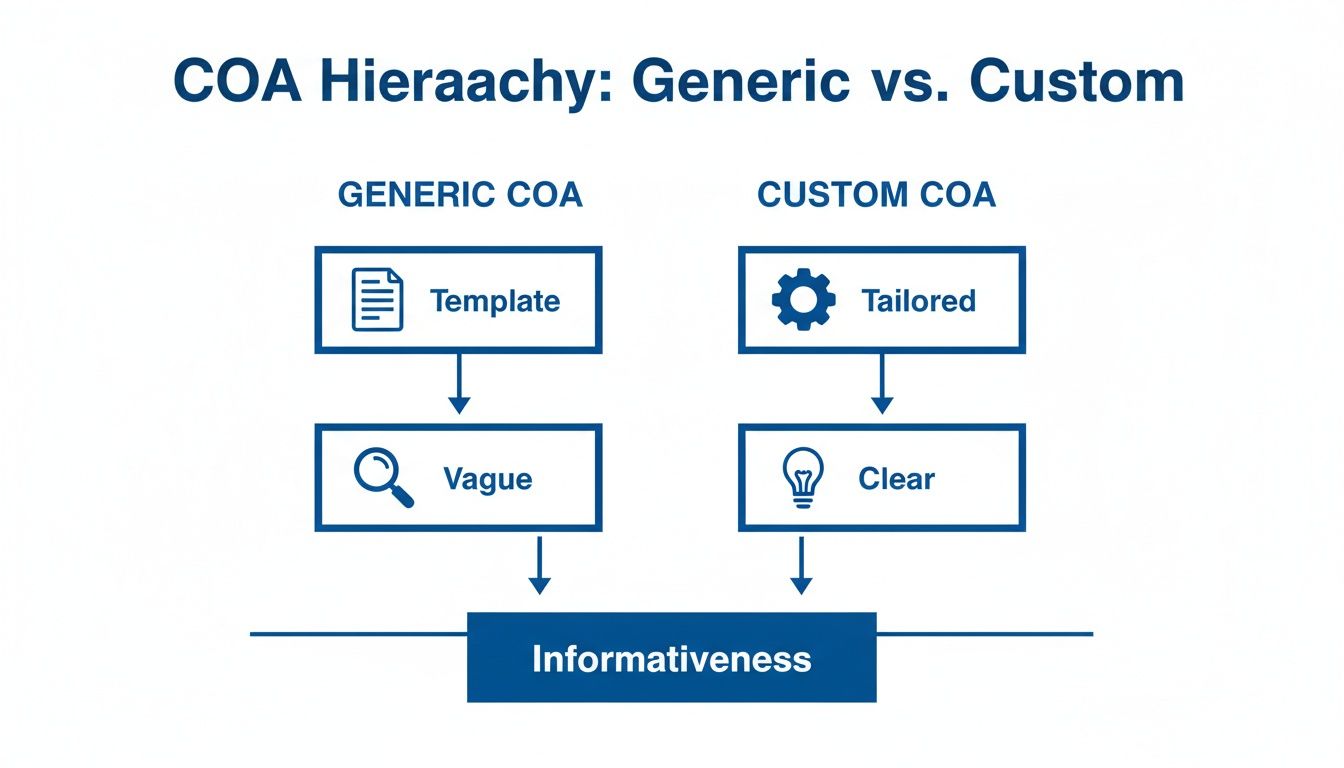 Diagram comparing Generic vs. Custom Chart of Accounts, showing Custom leads to tailored, clear, and higher informativeness.