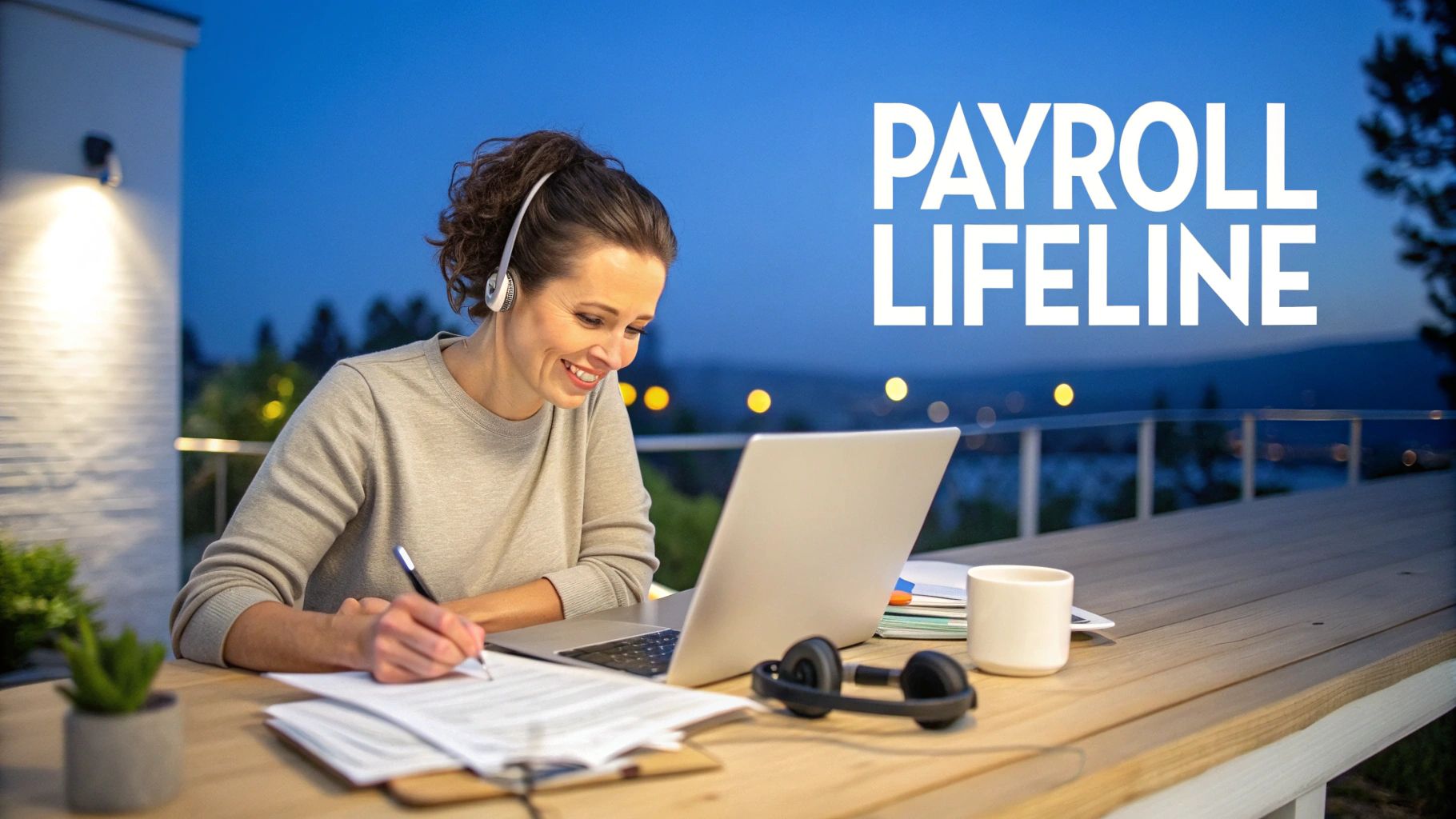 Smiling woman working on laptop and writing outdoors at night, with 'PAYROLL LIFELINE' text.