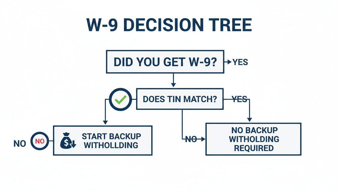 A W-9 decision tree flowchart demonstrating the process for determining backup withholding requirements.