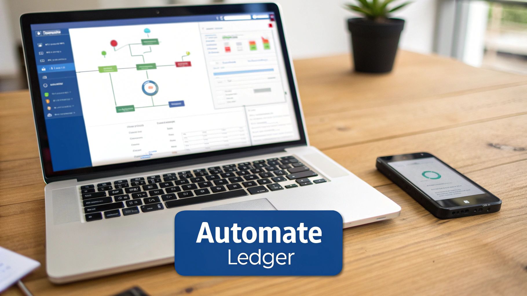 A laptop displays a workflow automation diagram and charts, with a smartphone and 'Automate Ledger' text.