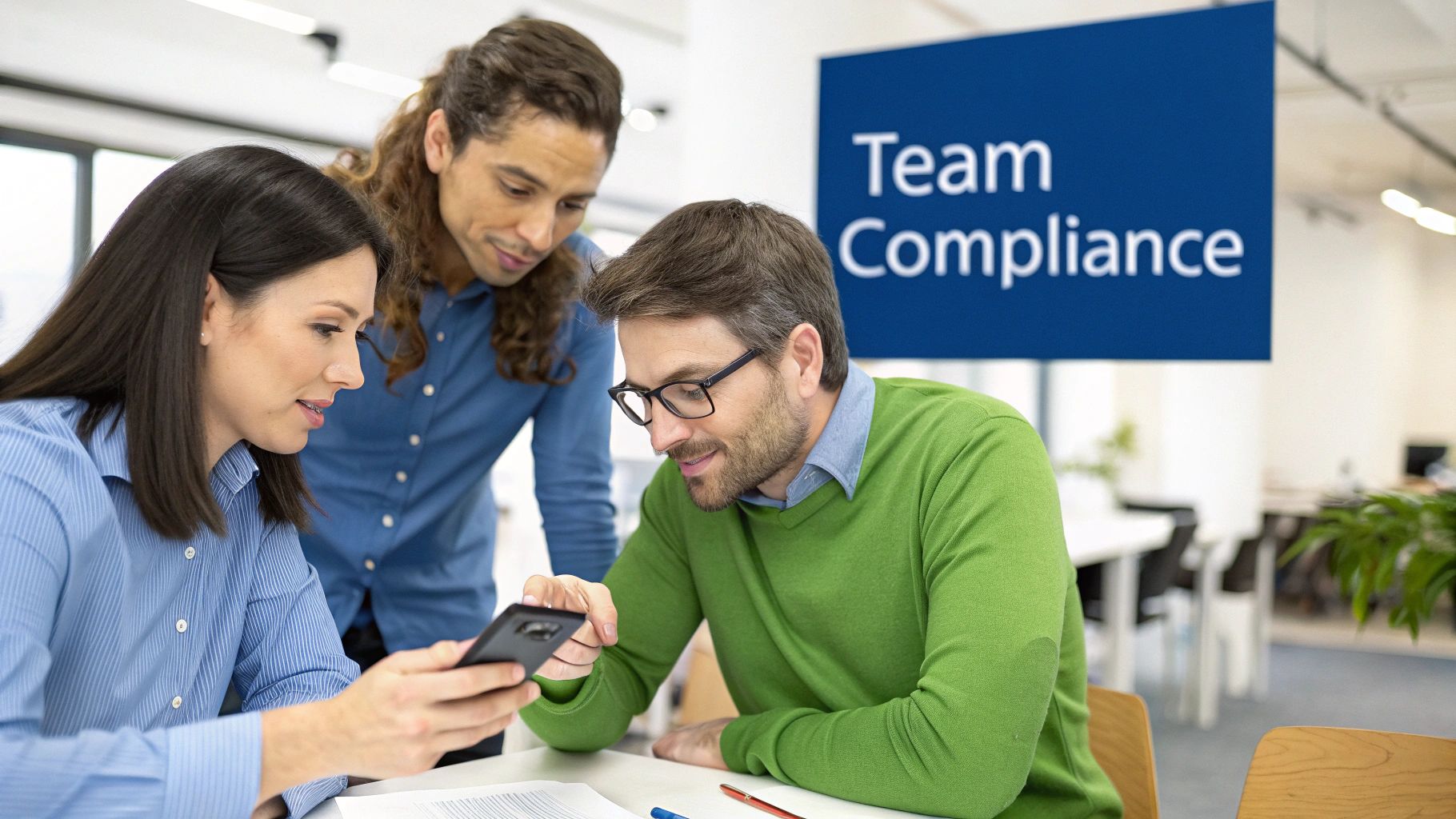Three colleagues reviewing information on a smartphone in an office with a 'Team Compliance' sign.