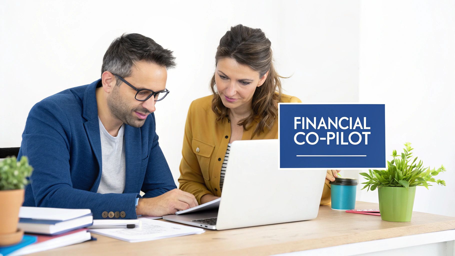 Two business professionals collaborating on a laptop and documents with 'FINANCIAL CO-PILOT' text.