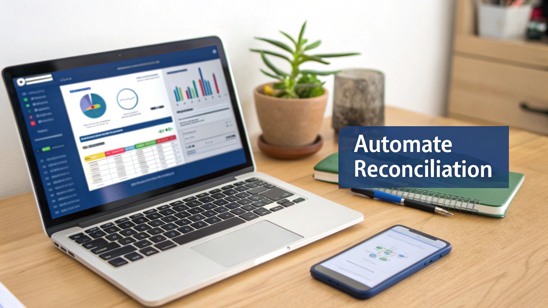Laptop displaying financial charts, smartphone, and 'Automate Reconciliation' text on a modern office desk.