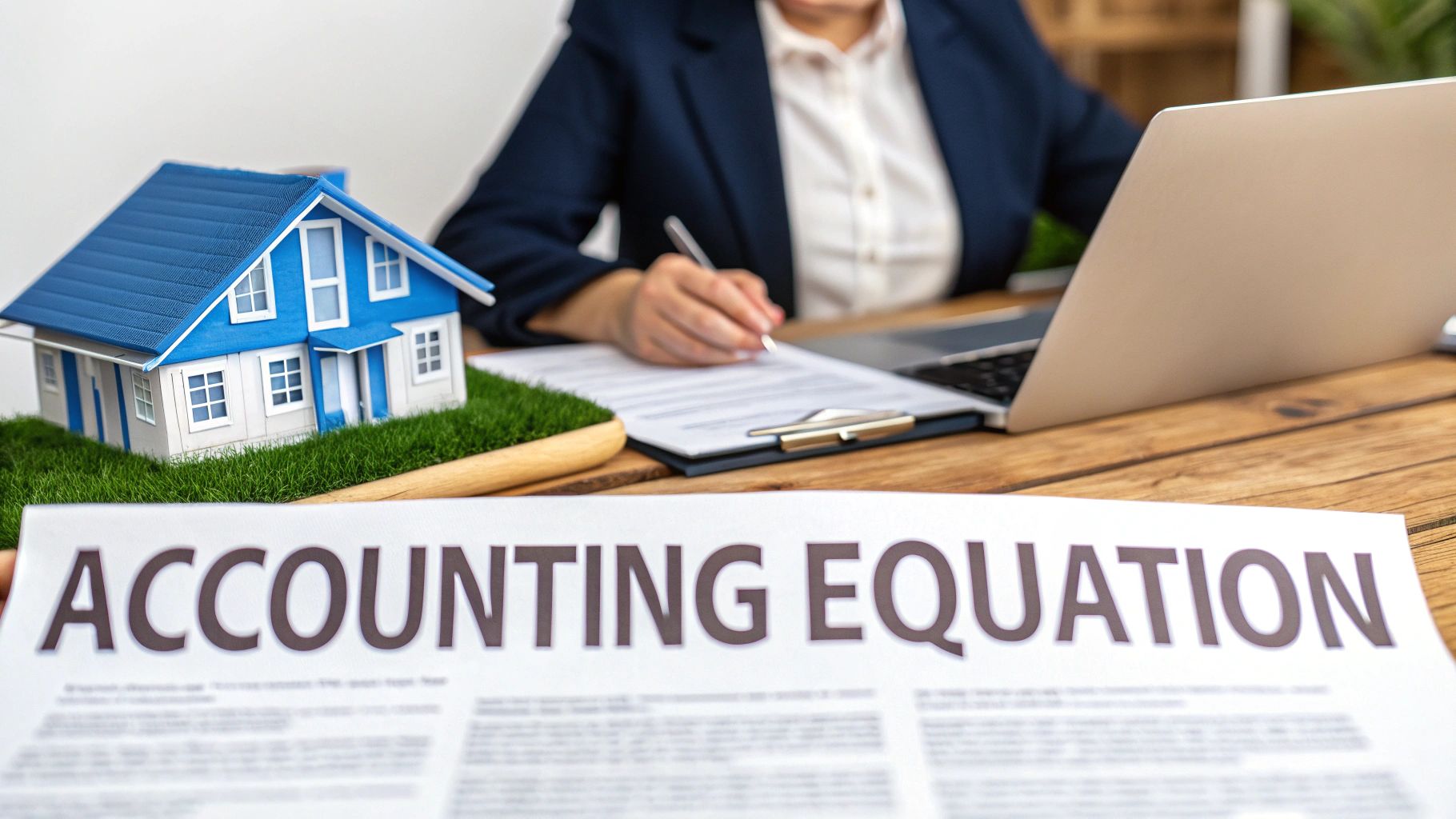 A person signs a document at a desk with a laptop, house model, and 'ACCOUNTING EQUATION' paper.