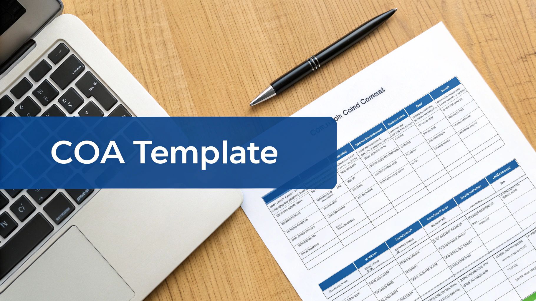 A document labeled 'COA Template' with a table, next to a laptop and pen on a wooden desk.