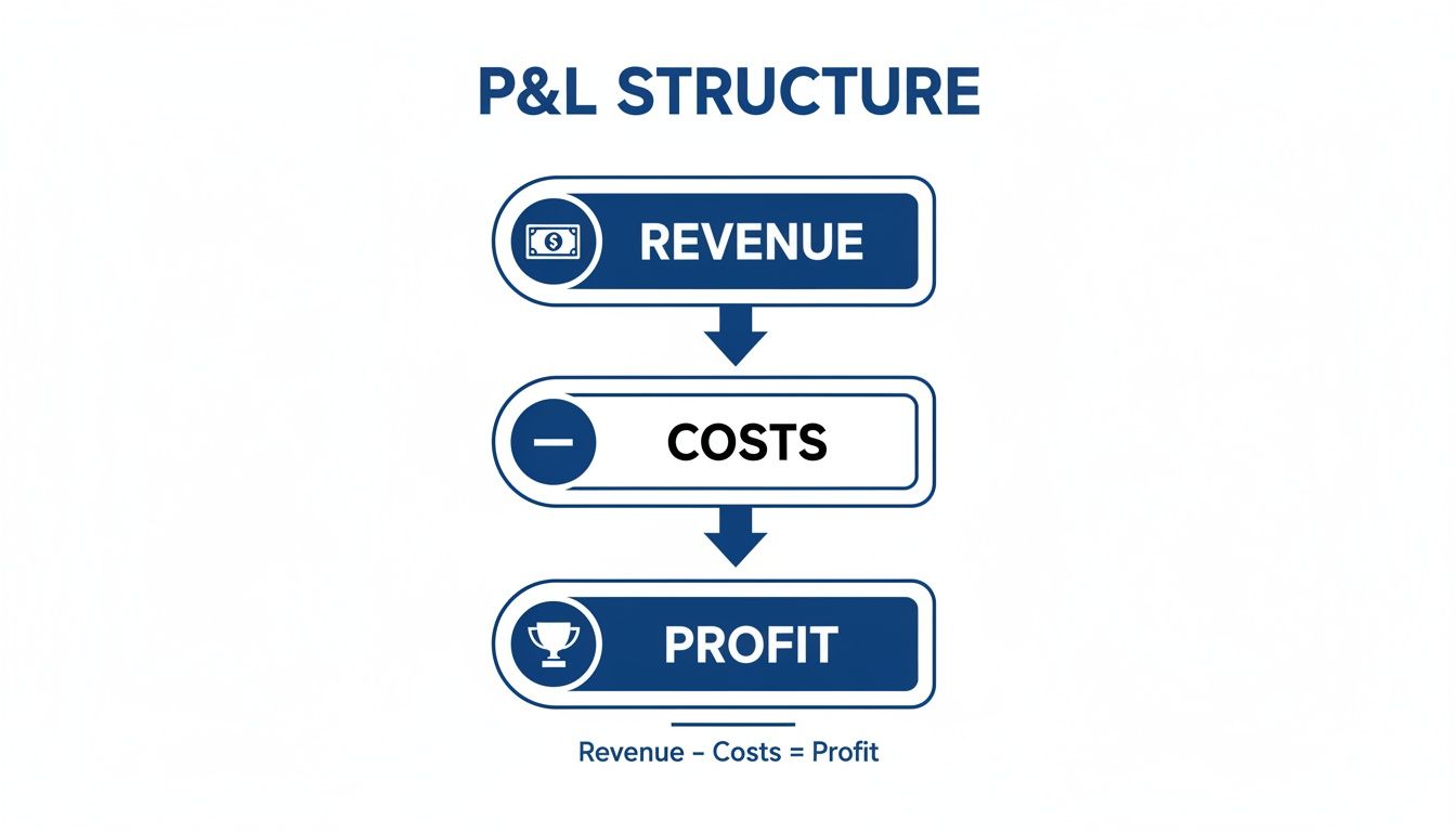 Diagram illustrating P&L structure: Revenue minus Costs equals Profit, with icons for money, subtraction, and a trophy.