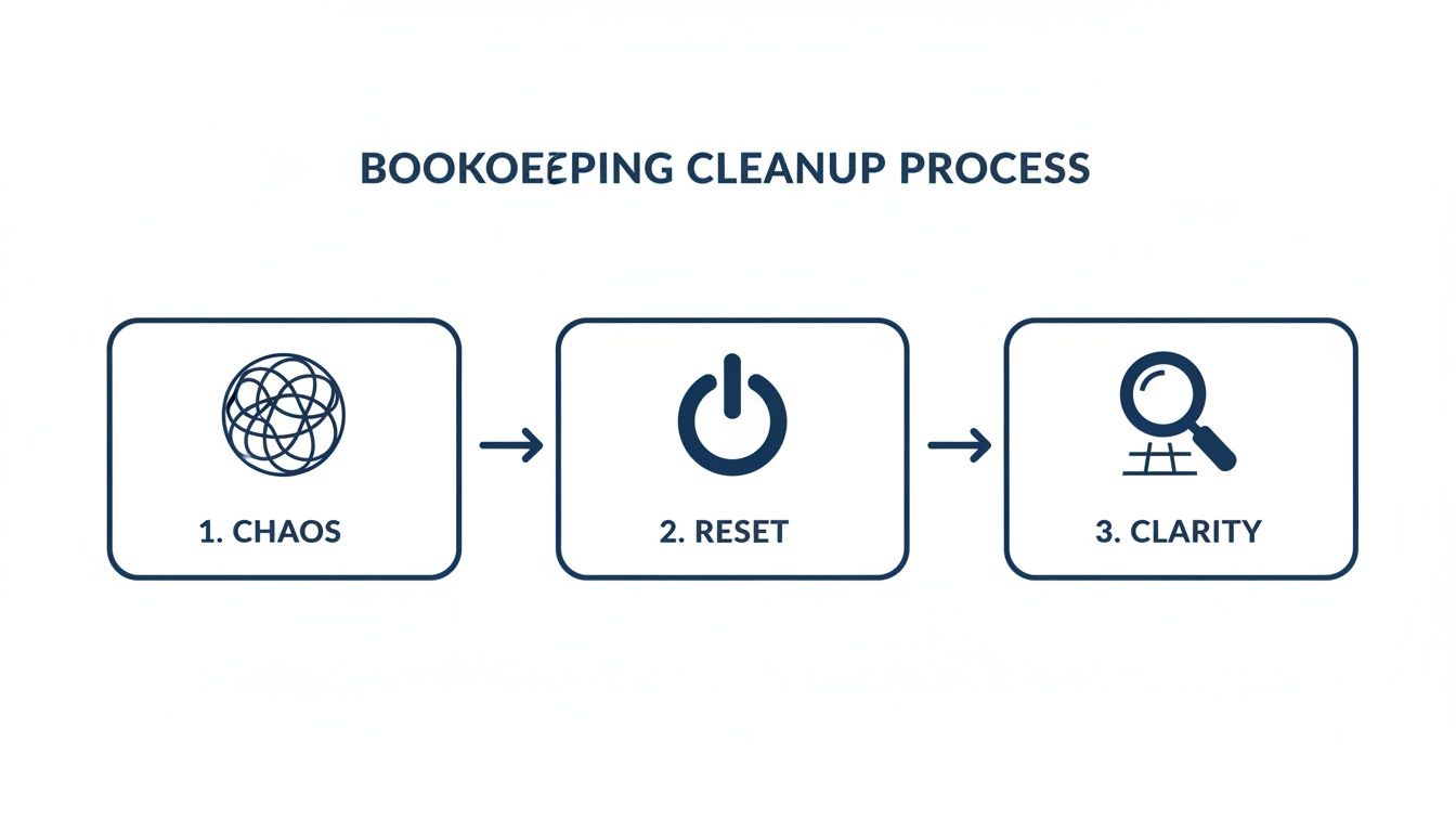 A bookkeeping cleanup process flowchart illustrating the transformation from chaos to clarity through a reset.