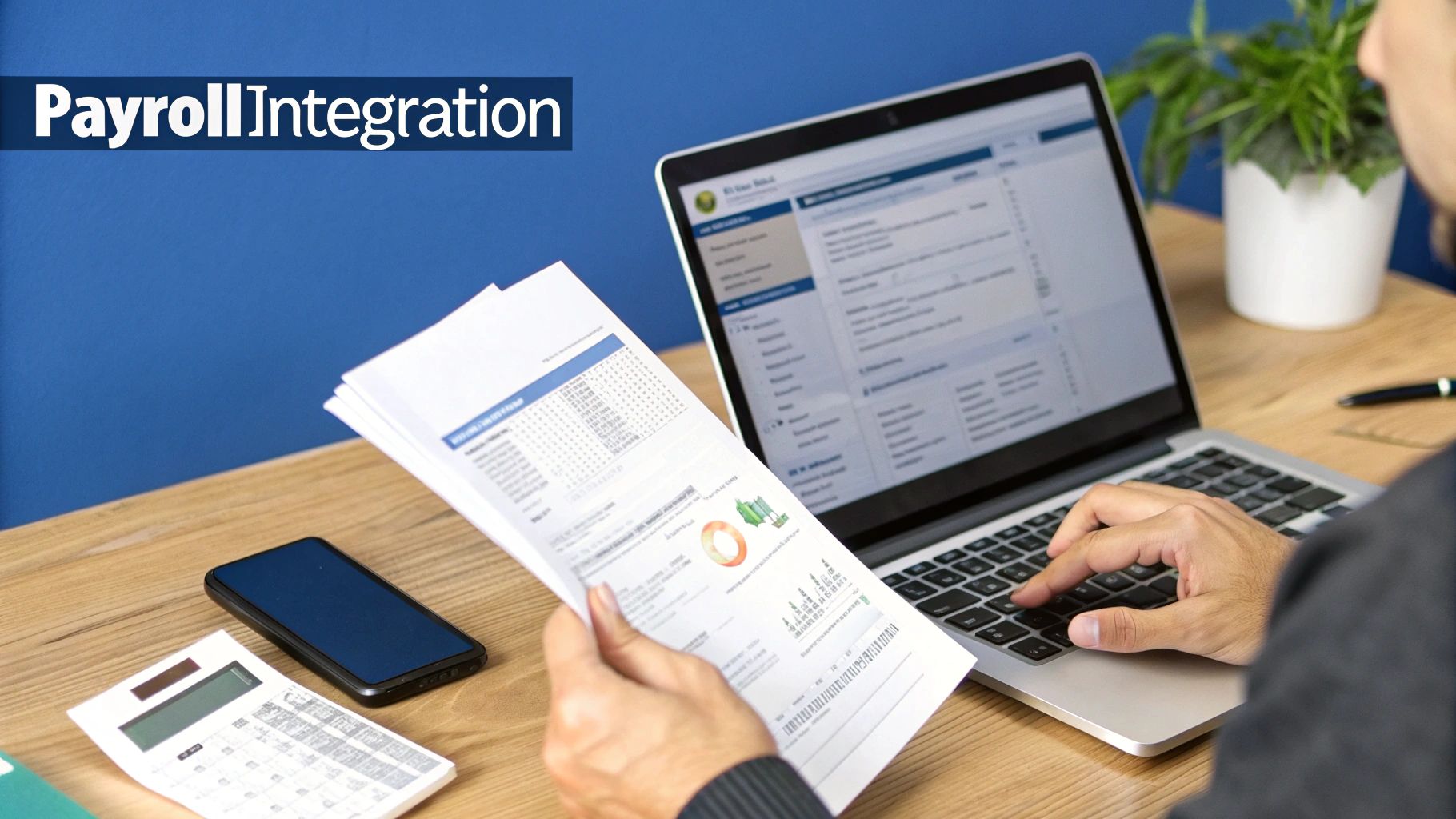 A person managing payroll integration, checking financial documents, and typing on a laptop at a desk.
