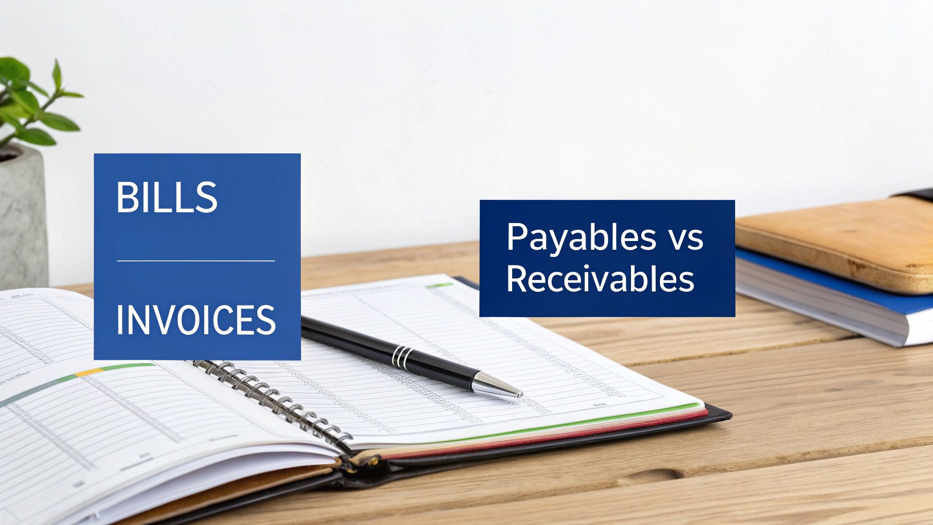 An open notebook and pen on a desk with text overlays 'BILLS', 'INVOICES', and 'Payables vs Receivables'.