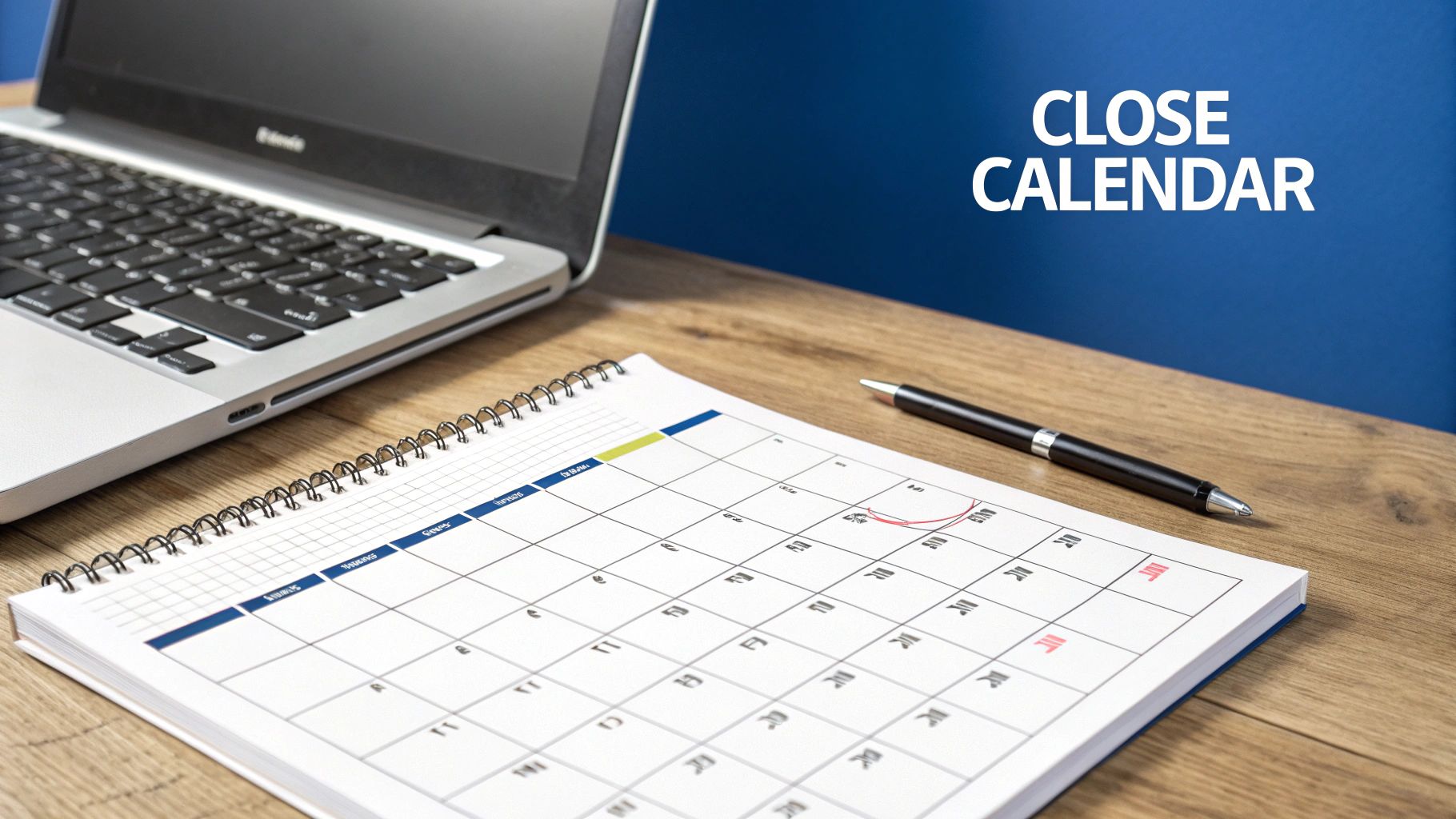 A laptop, open calendar, and pen on a wooden desk with a blue background and 'CLOSE CALENDAR' text.
