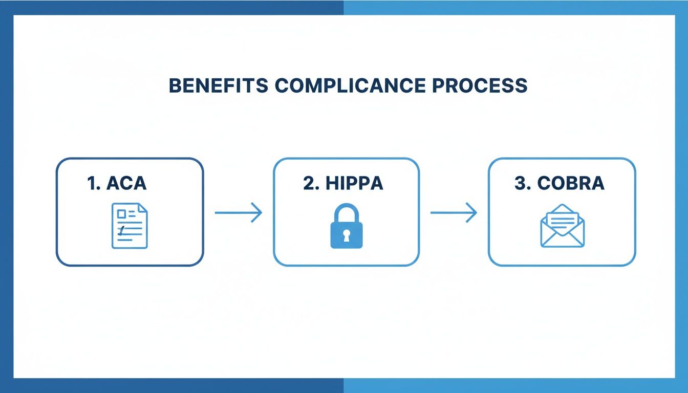 A benefits compliance process diagram showing ACA, HIPAA, and COBRA steps with icons.