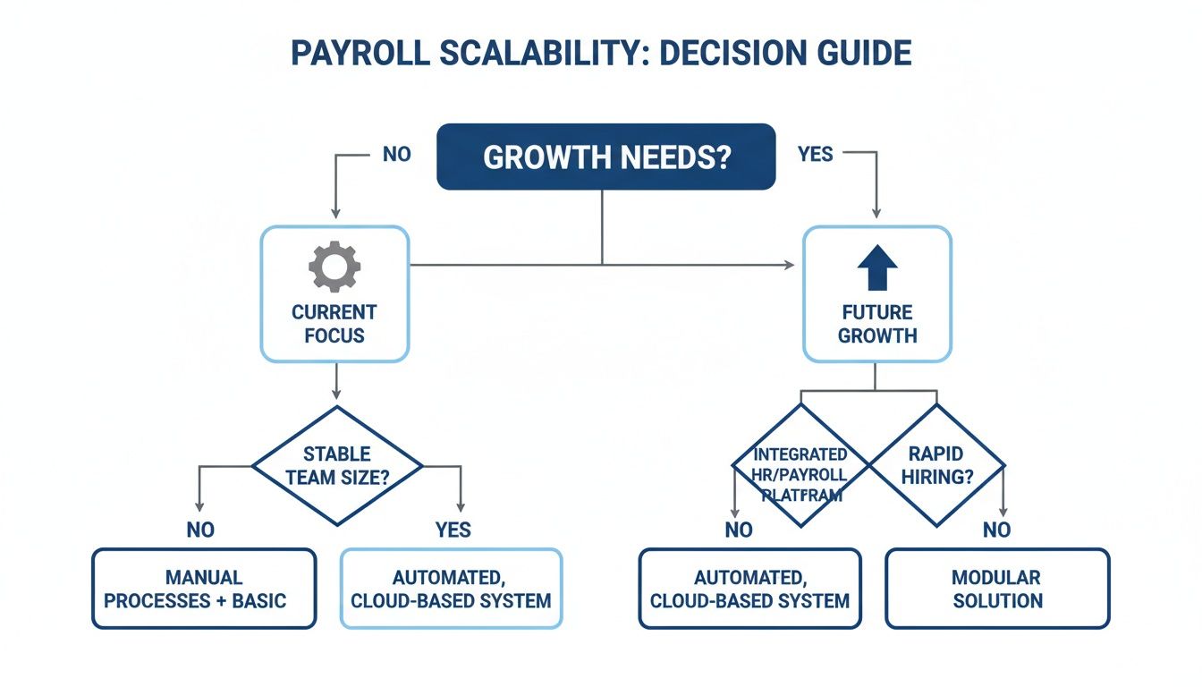 A flowchart decision guide for payroll scalability based on growth needs, team size, and system requirements.