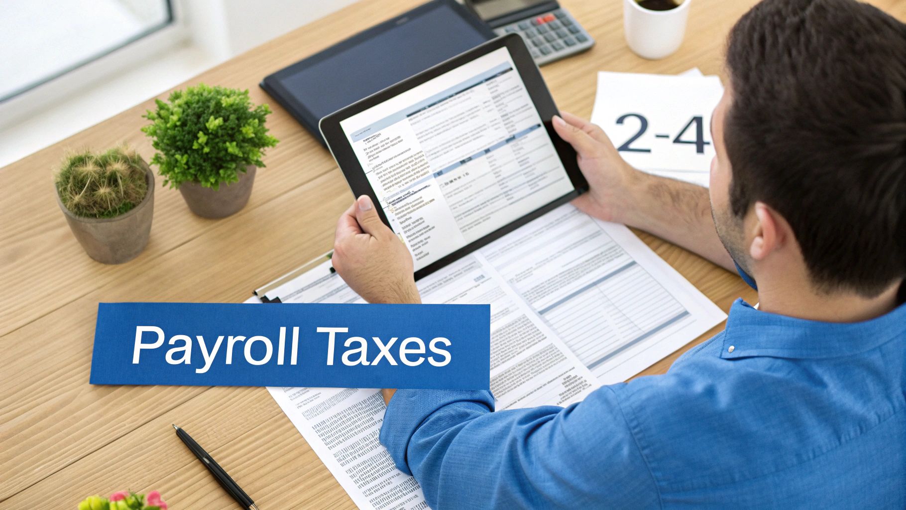 Man reviewing payroll taxes on a tablet at a desk with documents and plants.