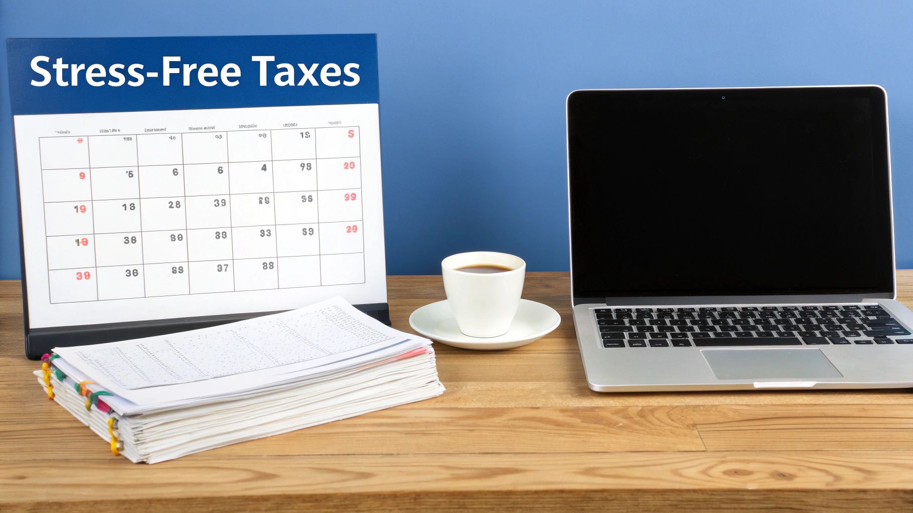A desk with a 'Stress-Free Taxes' calendar, stacked documents, a coffee cup, and an open laptop.