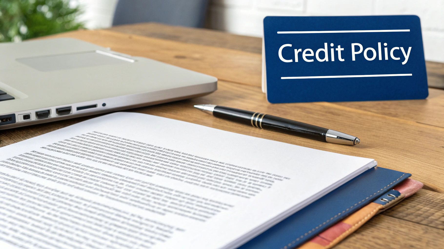Credit policy document with laptop, pen, and wallet on wooden desk for business finance management