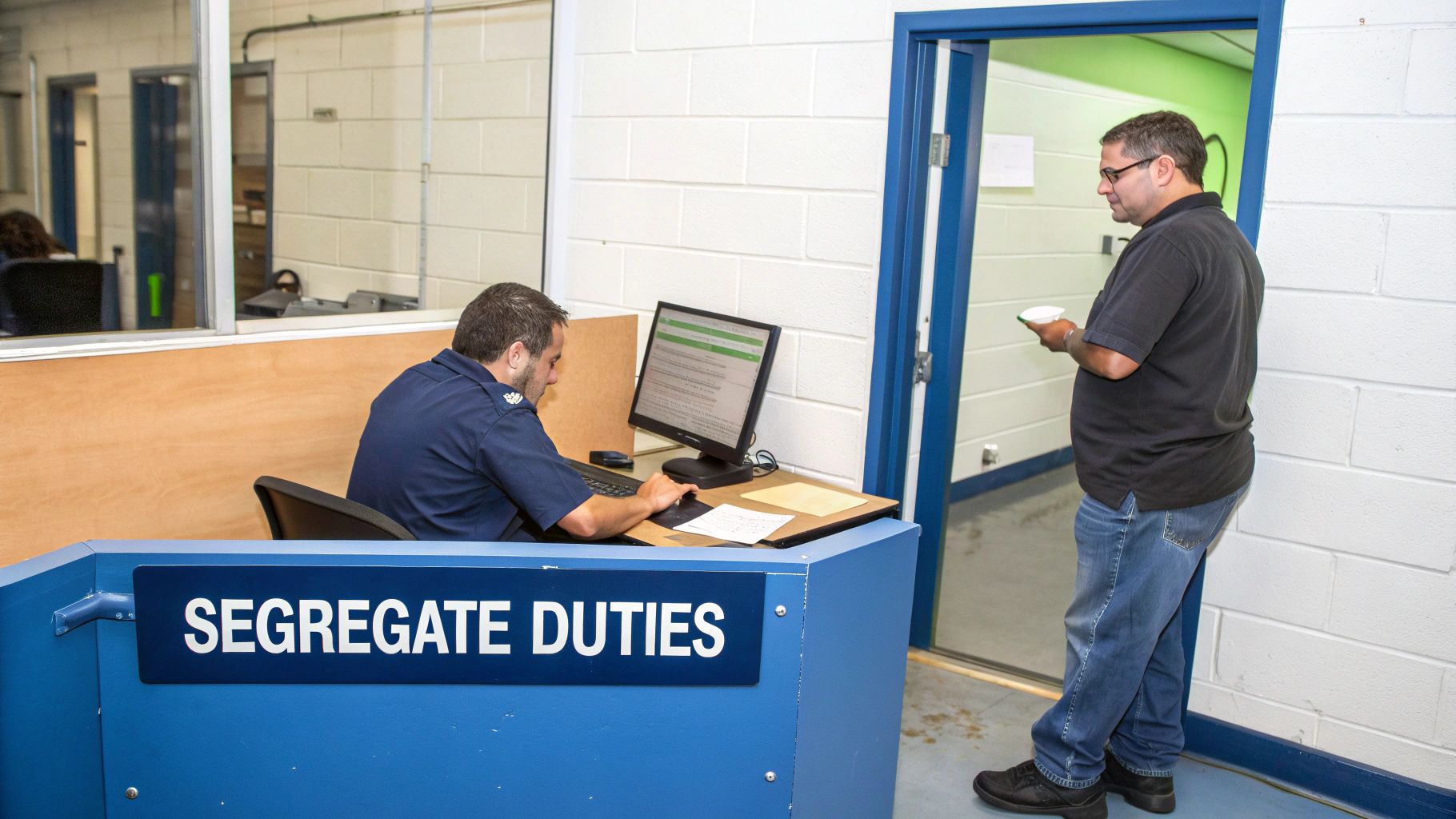 Two men in an office, one works on a computer while the other stands, near a 'Segregate Duties' sign.