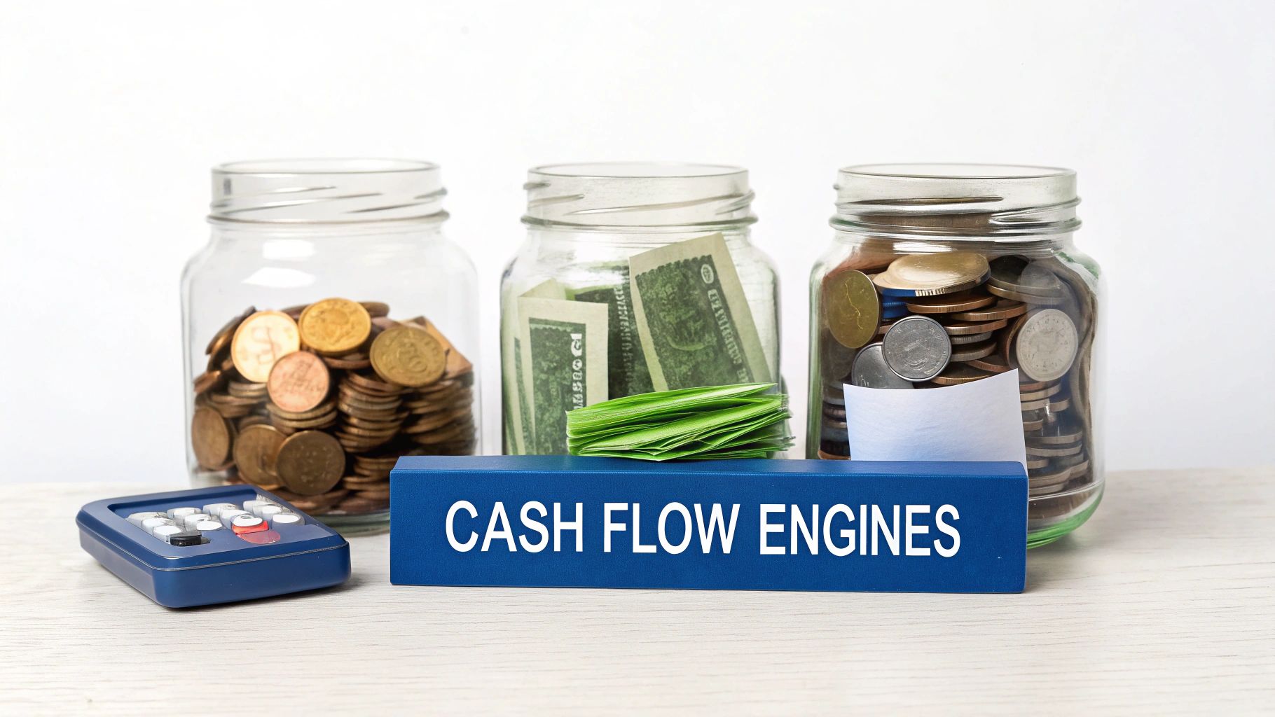 Three jars filled with coins and banknotes, a calculator, and a blue block stating 'CASH FLOW ENGINES' on a white table.