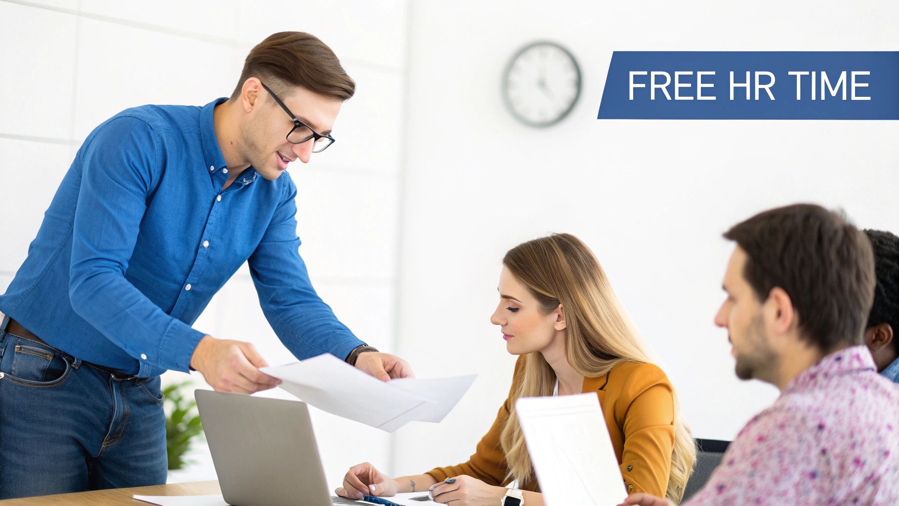 A man in a blue shirt hands documents to a woman at a meeting table, 'FREE HR TIME' banner in background.
