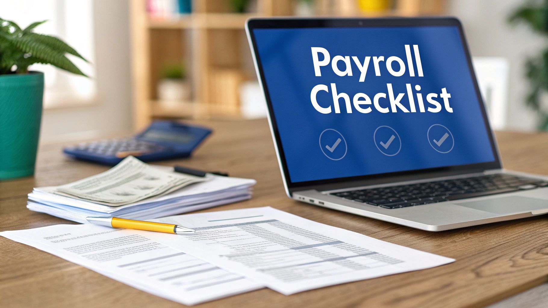 A laptop displays a "Payroll Checklist" with checkmarks, surrounded by documents, a pen, and a calculator on a desk.