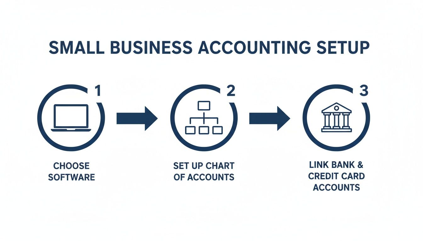Infographic showing a three-step guide to small business accounting setup: choose software, set up chart of accounts, and link bank and credit card accounts.