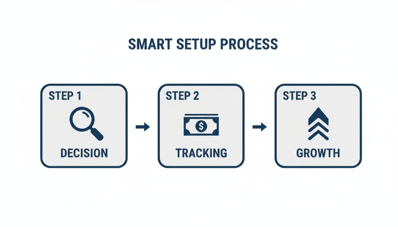 Diagram of a SMART setup process: Step 1 Decision with a magnifying glass, Step 2 Tracking with money, and Step 3 Growth with upward arrows.